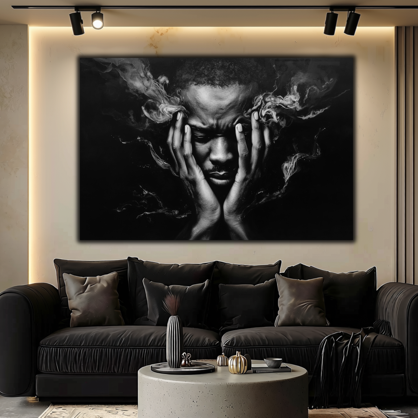 Black Man Wall Art – Abstract Emotional Portrait Canvas Print | Black & White Modern Wall Decor