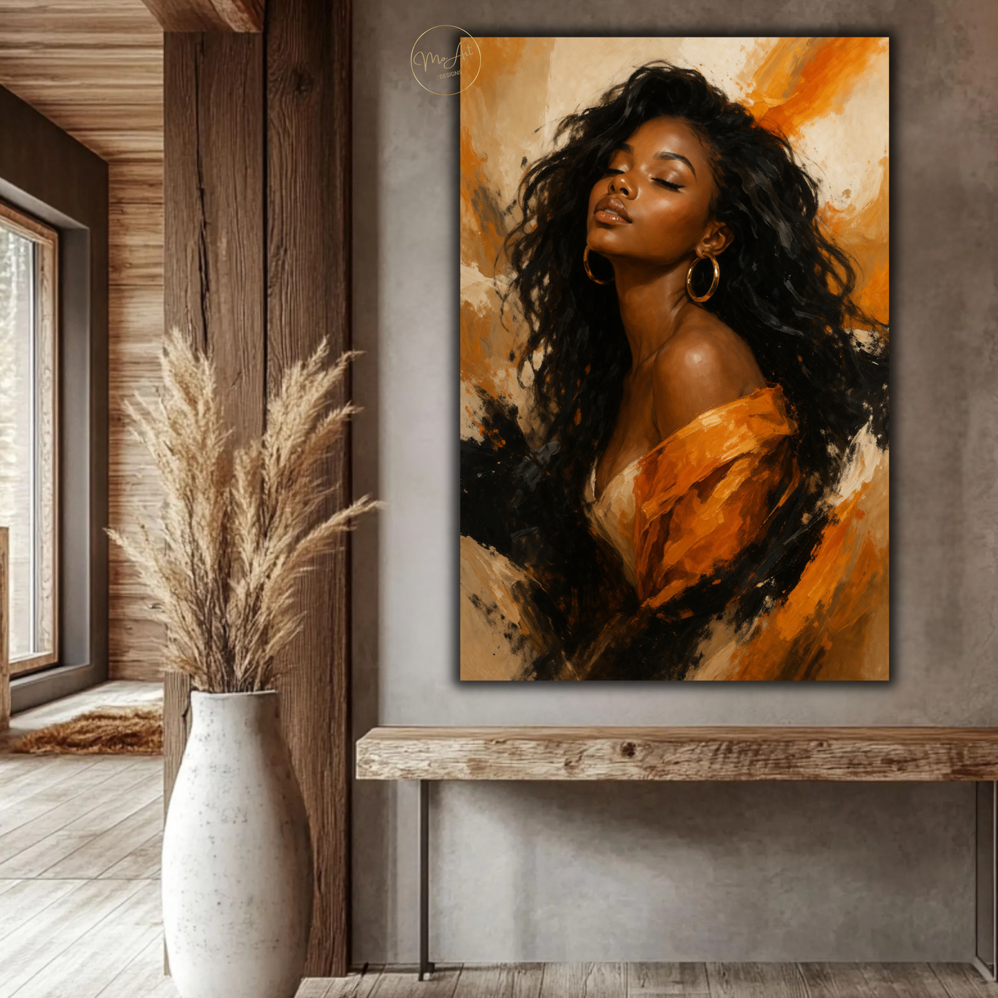 Black Woman Wall Art – Elegant Afrocentric Orange & Beige Abstract Canvas Print