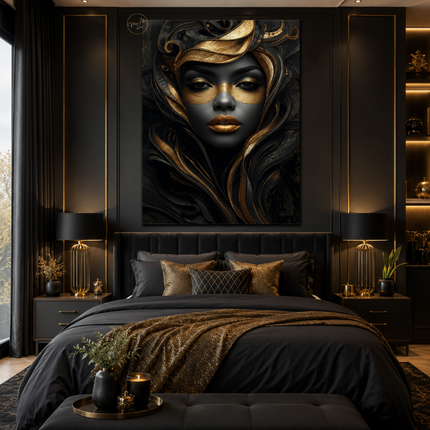 Black Woman Wall Art – Mysterious Black & Gold Afrocentric Canvas Print