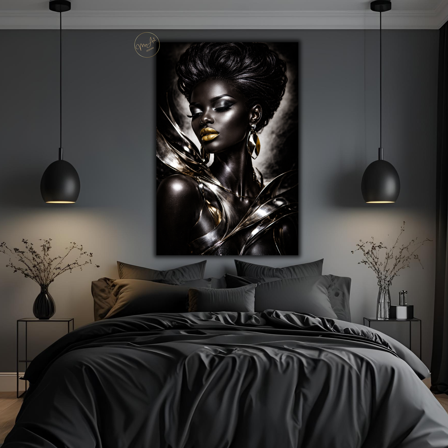 Black Woman Wall Art – Elegant Afrocentric Black & Silver Abstract Canvas Print