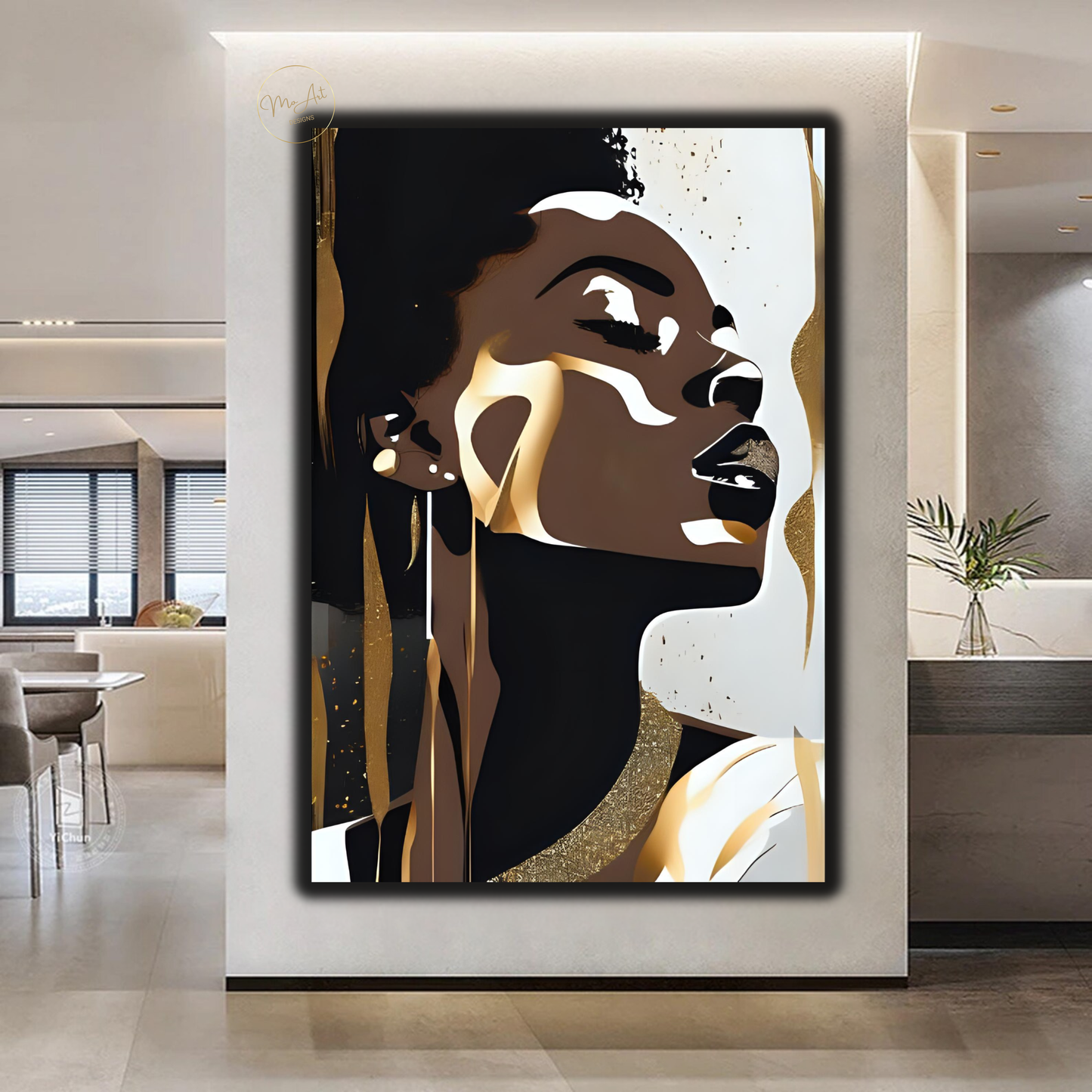 Black Woman Wall Art – Elegant Afrocentric Gold & Neutral Abstract Portrait Canvas Print