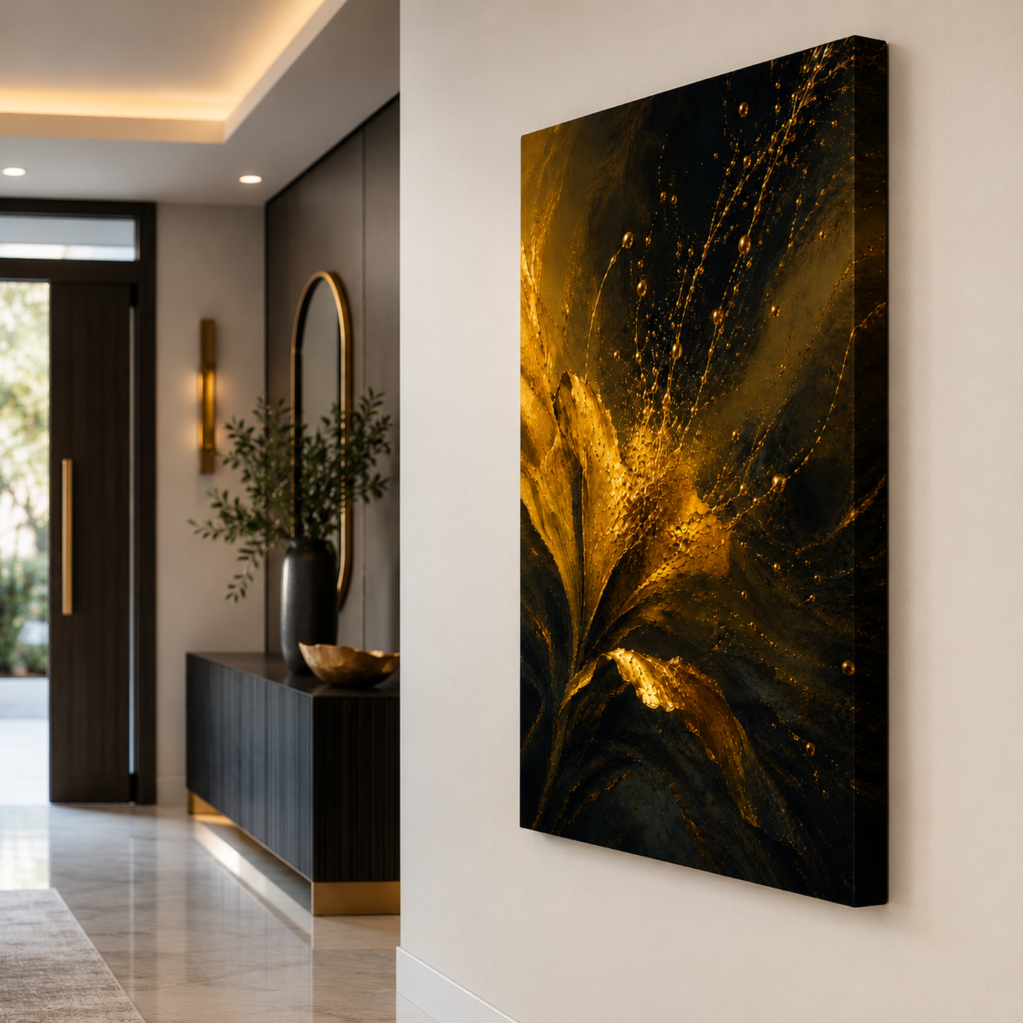 Abstract Gold Flower Wall Art – Elegant Black & Gold Canvas Print | Modern Elegant Home Decor