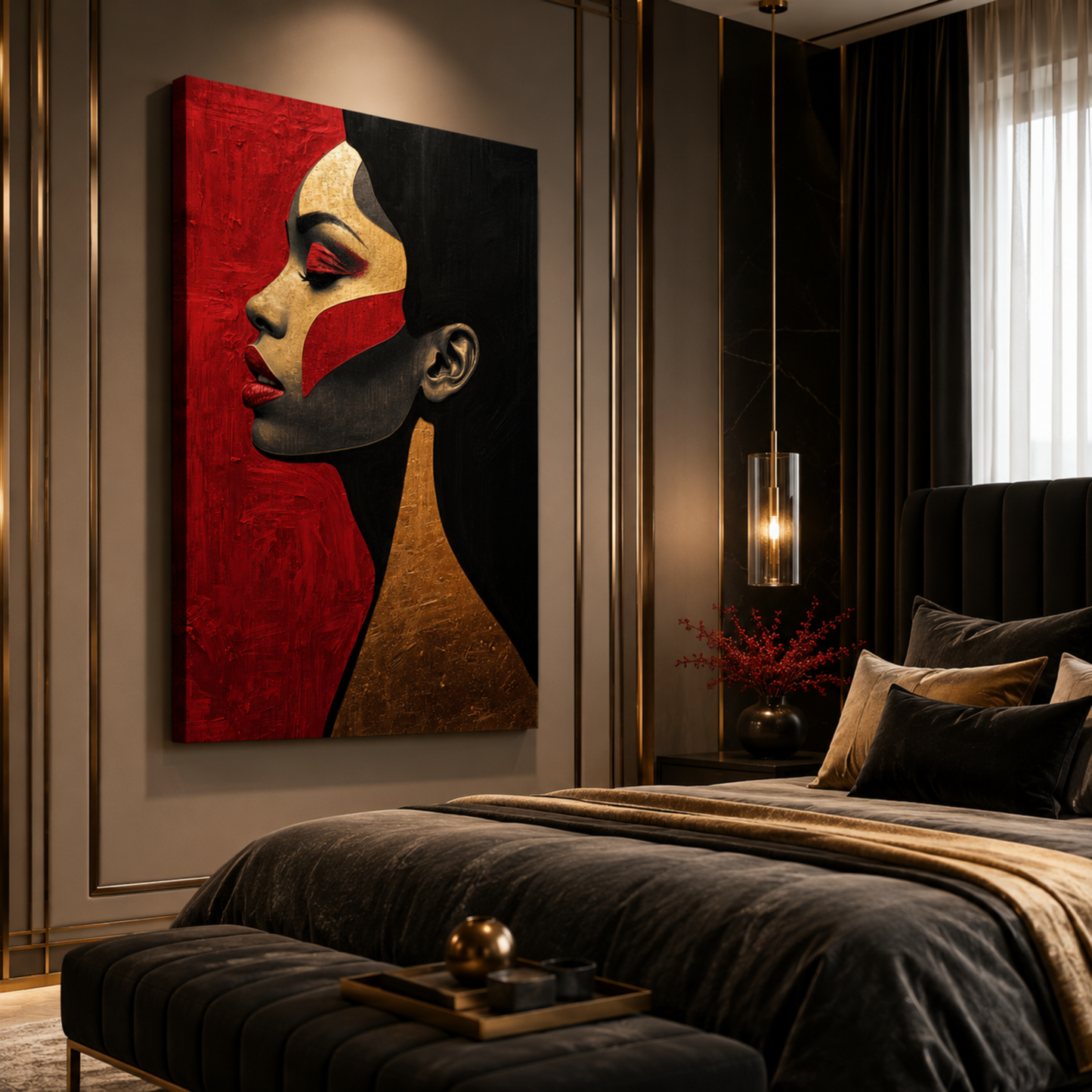 Black Woman Wall Art – Abstract Afrocentric Canvas Print | Black, Red & Gold Modern Wall Decor