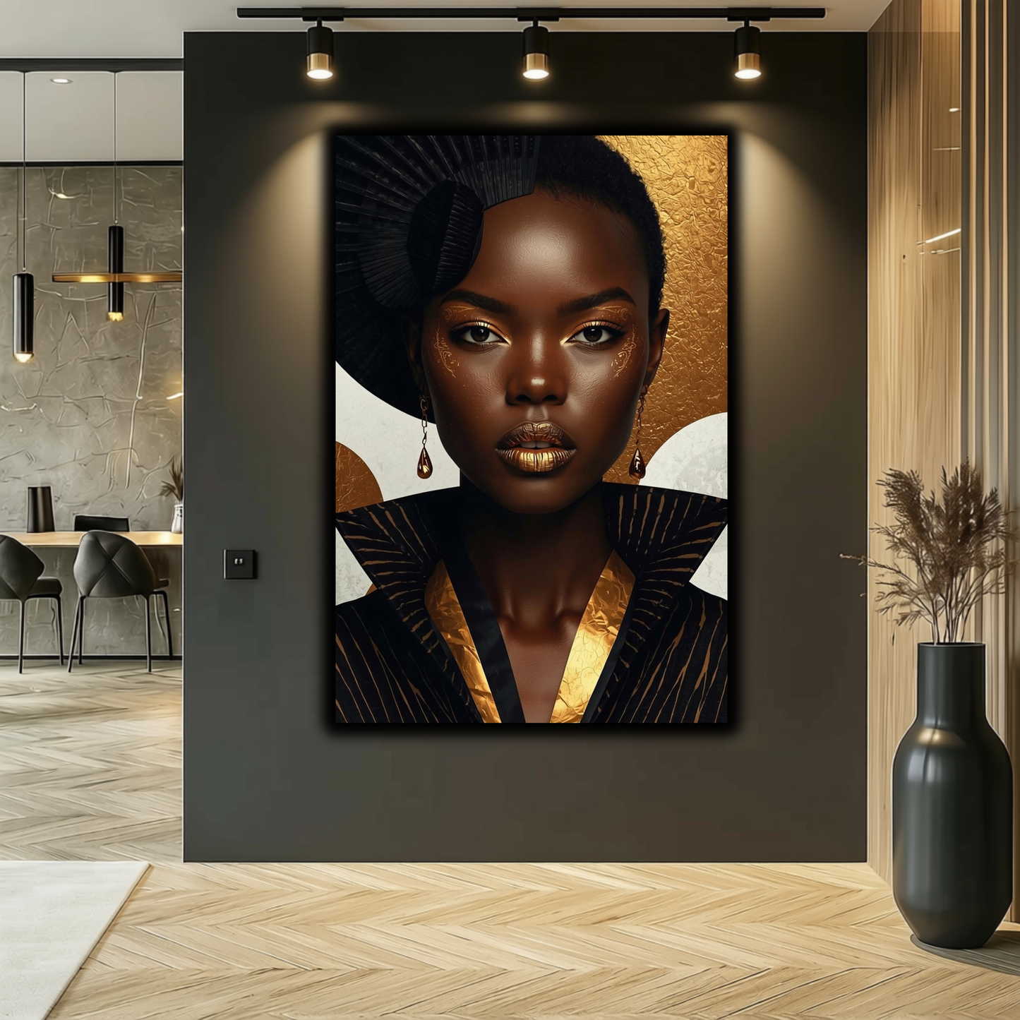 Black Woman Wall Art - Afrocentric Fashion in Black & Gold Canvas Print | Luxury African American Portrait Wall Decor