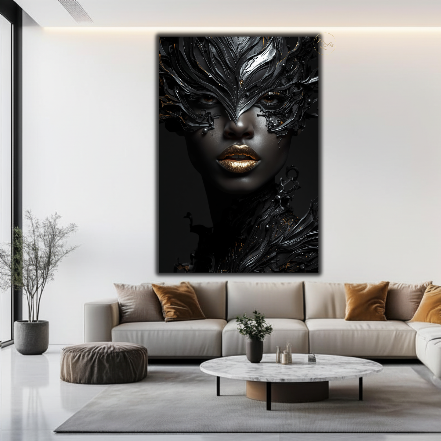Afrocentric Black Woman Wall Art – Modern Black, Silver & Gold Abstract Canvas Print