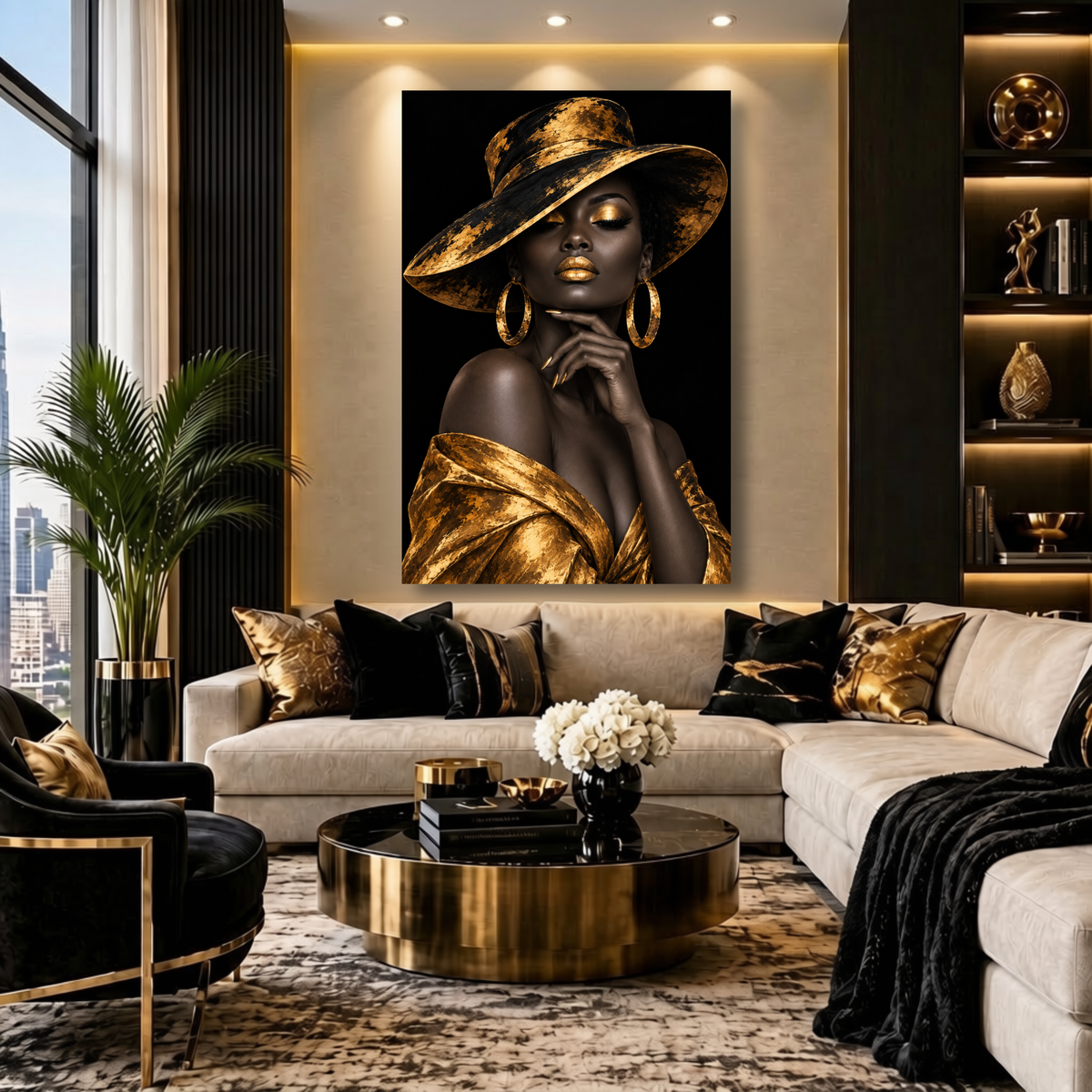 Black Woman Wall Art – Midnight Majesty | Black & Gold Afrocentric Luxury Canvas Print