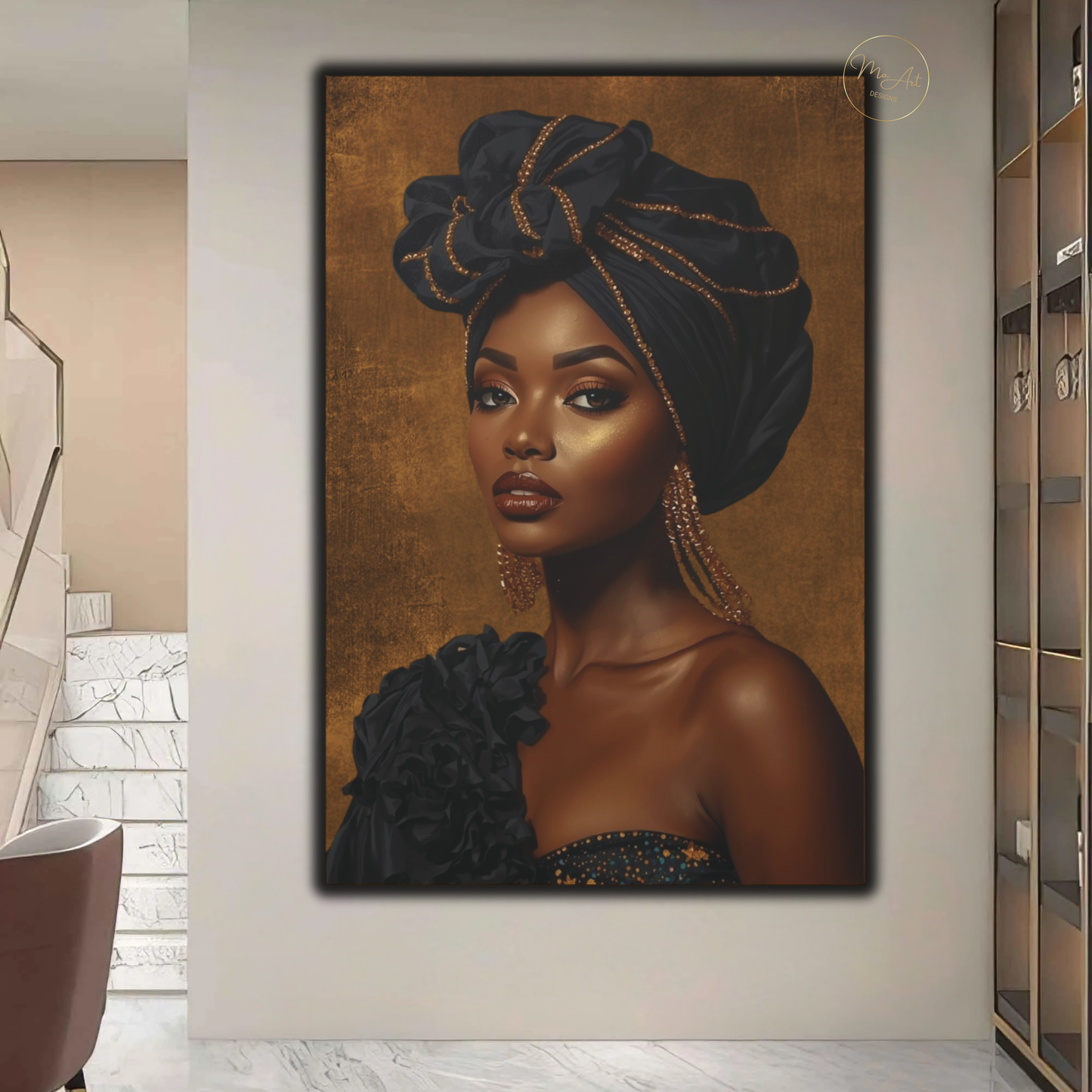 Black Woman Wall Art – Exquisite Beauty in Black & Gold Afrocentric Luxury Canvas Print