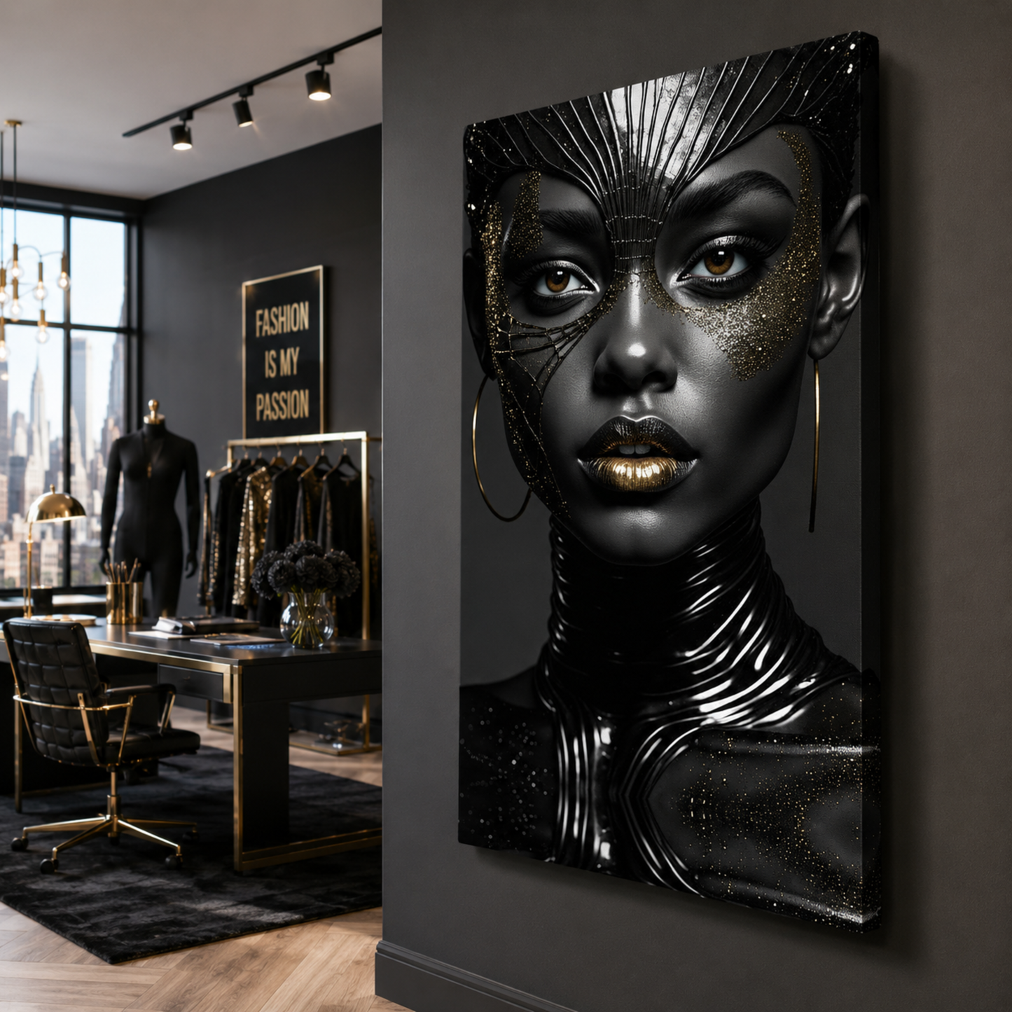 Black Woman Wall Art – High Fashion Afrocentric Gold & Black Canvas Print