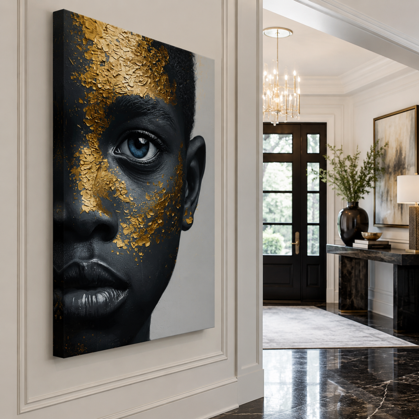 African American Wall Art – Black Boy with Blue Eyes Black & Gold Canvas Print | Luxury Afrocentric Decor