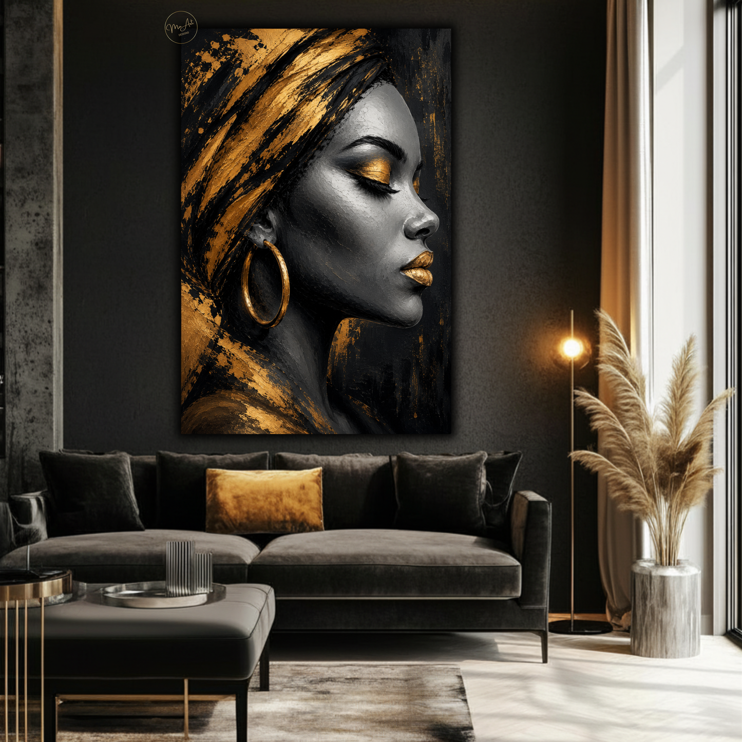 Black Woman Wall Art – Luxury Black & Gold Afrocentric Portrait Canvas Print