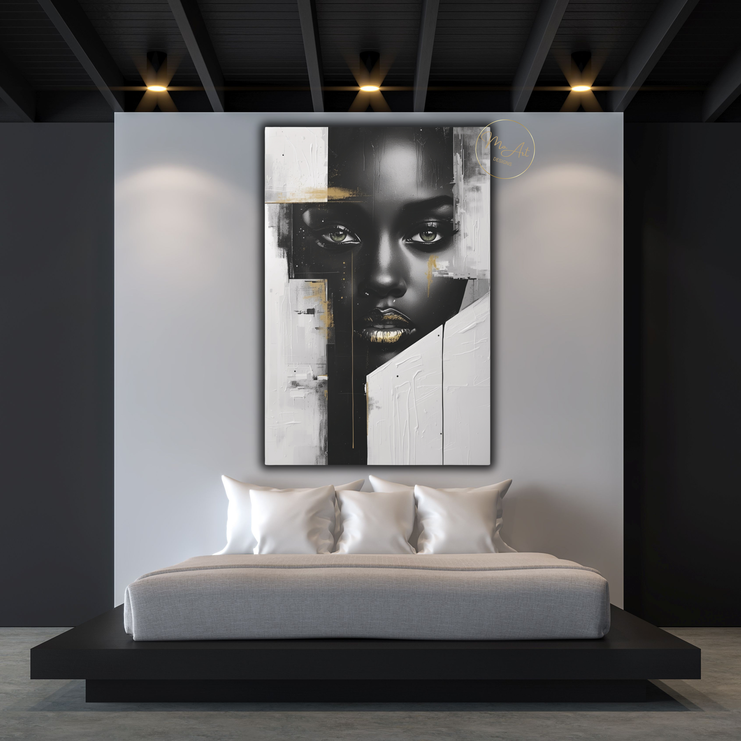 Black Woman Wall Art – Sovereign Gaze - Luxury Black, White & Gold Modern Canvas Print