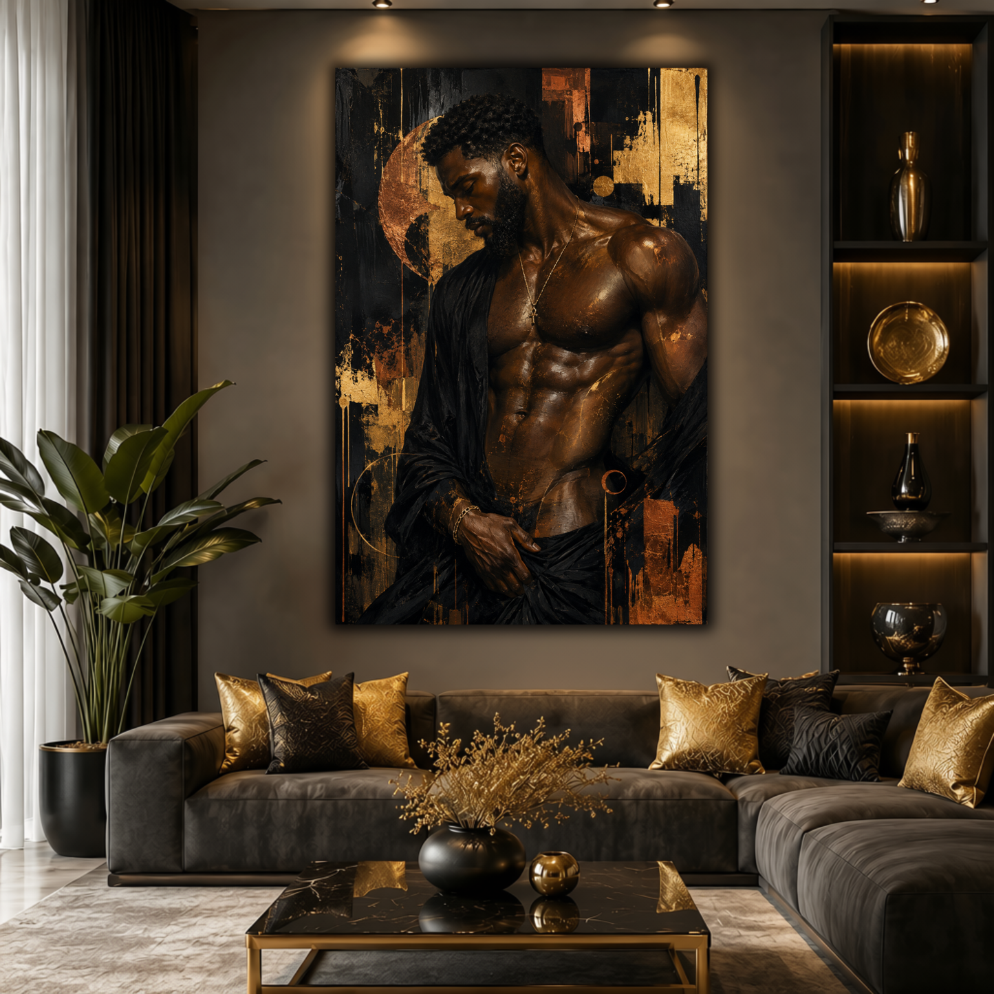 Black Man Wall Art - Seductive Afrocentric Canvas Print | Modern Black & Gold Masculine Wall Art