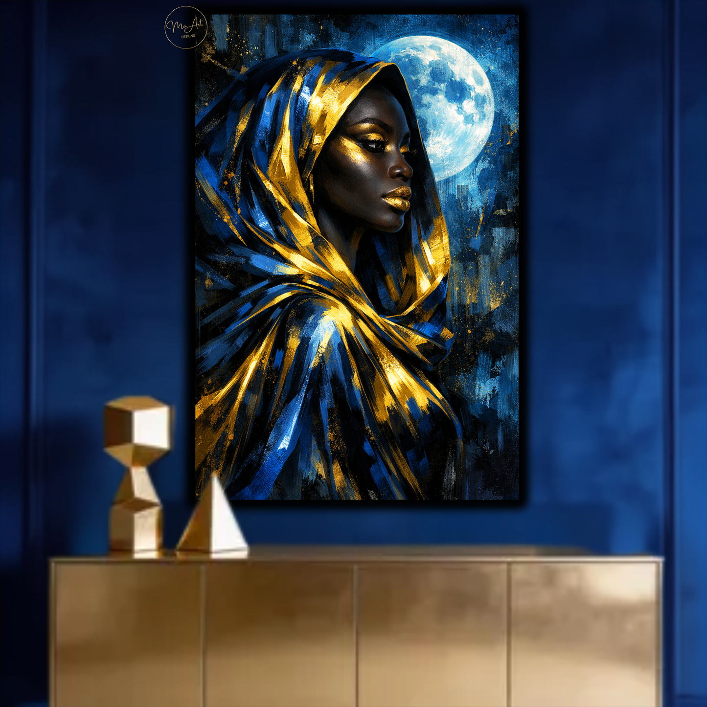 Black Woman Wall Art – Blue & Gold Afrocentric Moon Goddess Canvas Print