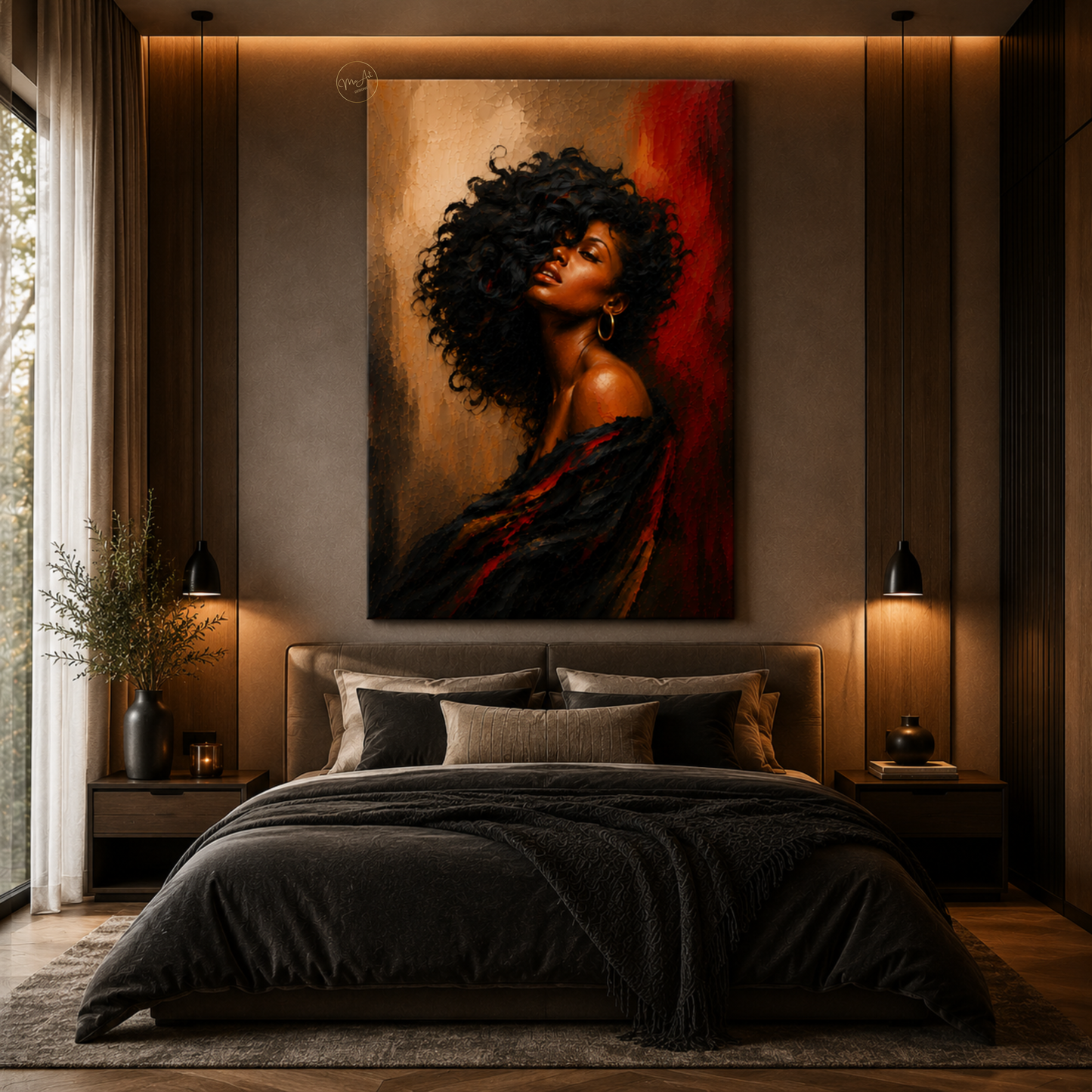 Black Woman Wall Art – Sensual Afrocentric Black, Gold & Red Canvas Print | Luxury Abstract Portrait