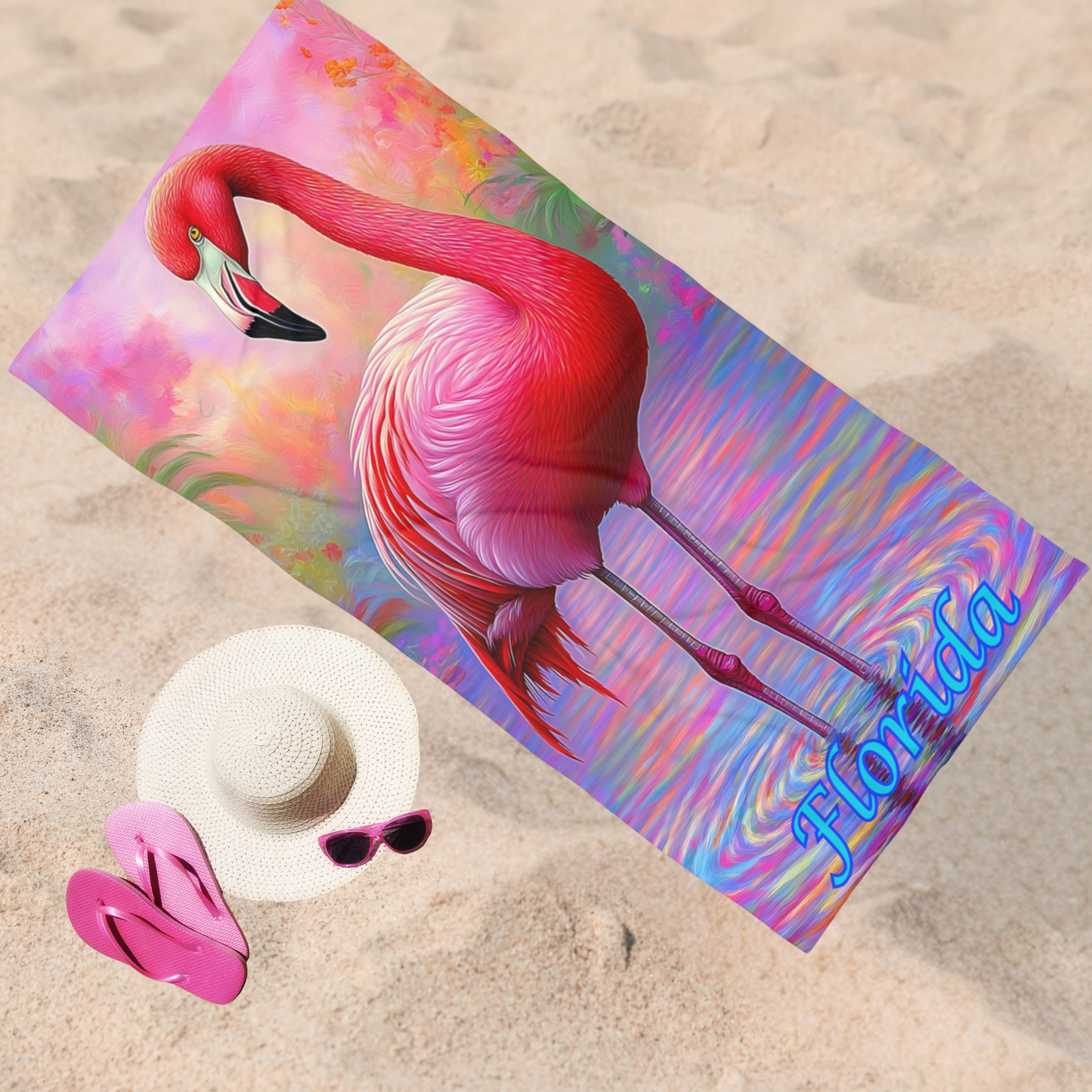 Colorful Pink Flamingo Florida - Beach Towel