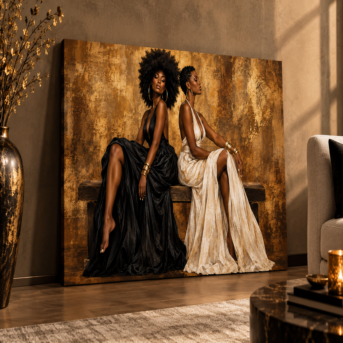 Black Women Wall Art – Essence of Sisterhood | Afrocentric Black & Gold Canvas Print