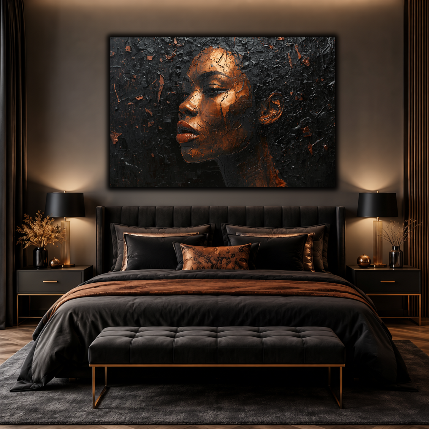 Black Woman Wall Art – Black & Copper Afrocentric Canvas Print | Luxury African American Portrait Wall Decor