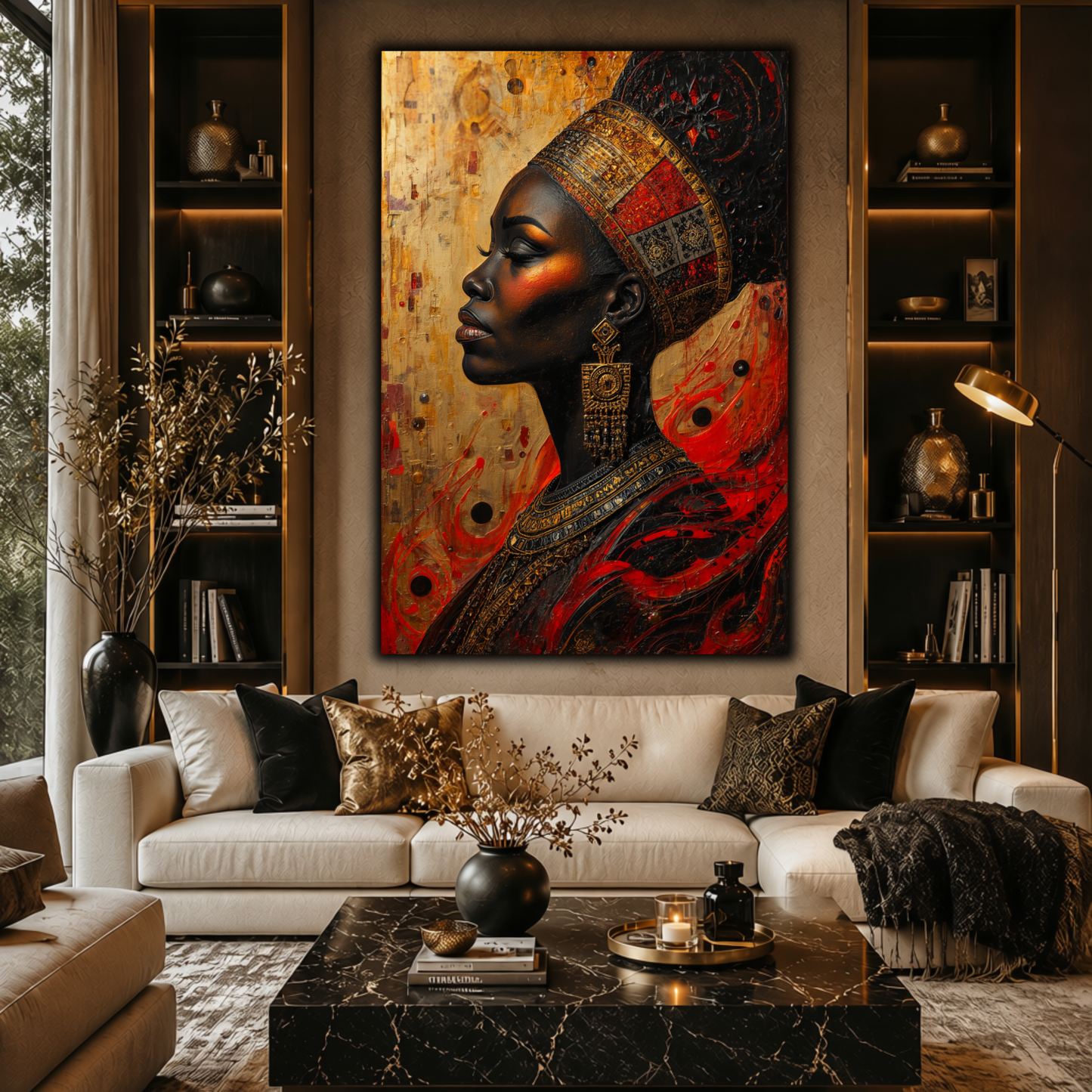Black Woman Wall Art – Abstract African Queen Canvas Print |  Afrocentric Gold, Red & Black Decor