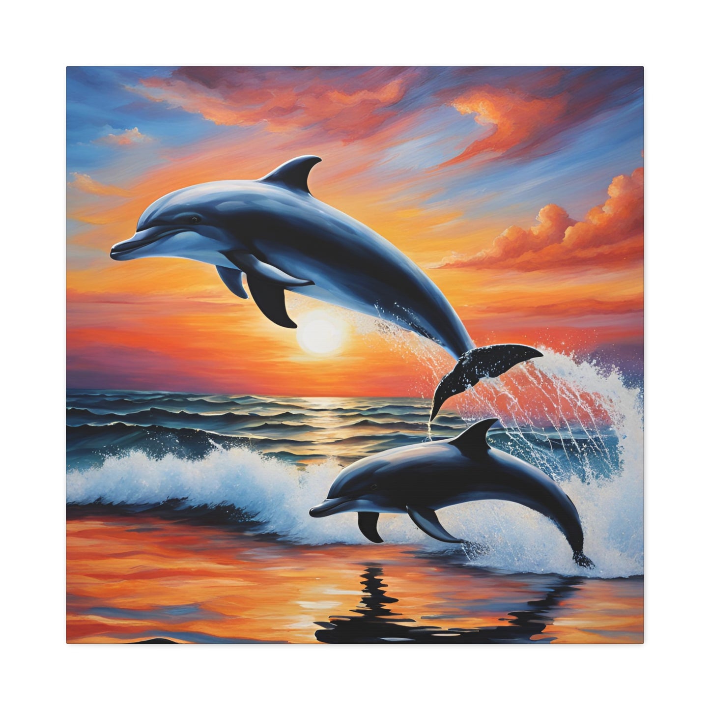 Dolphin Mother with Calf at Sunset - Canvas Wall Art