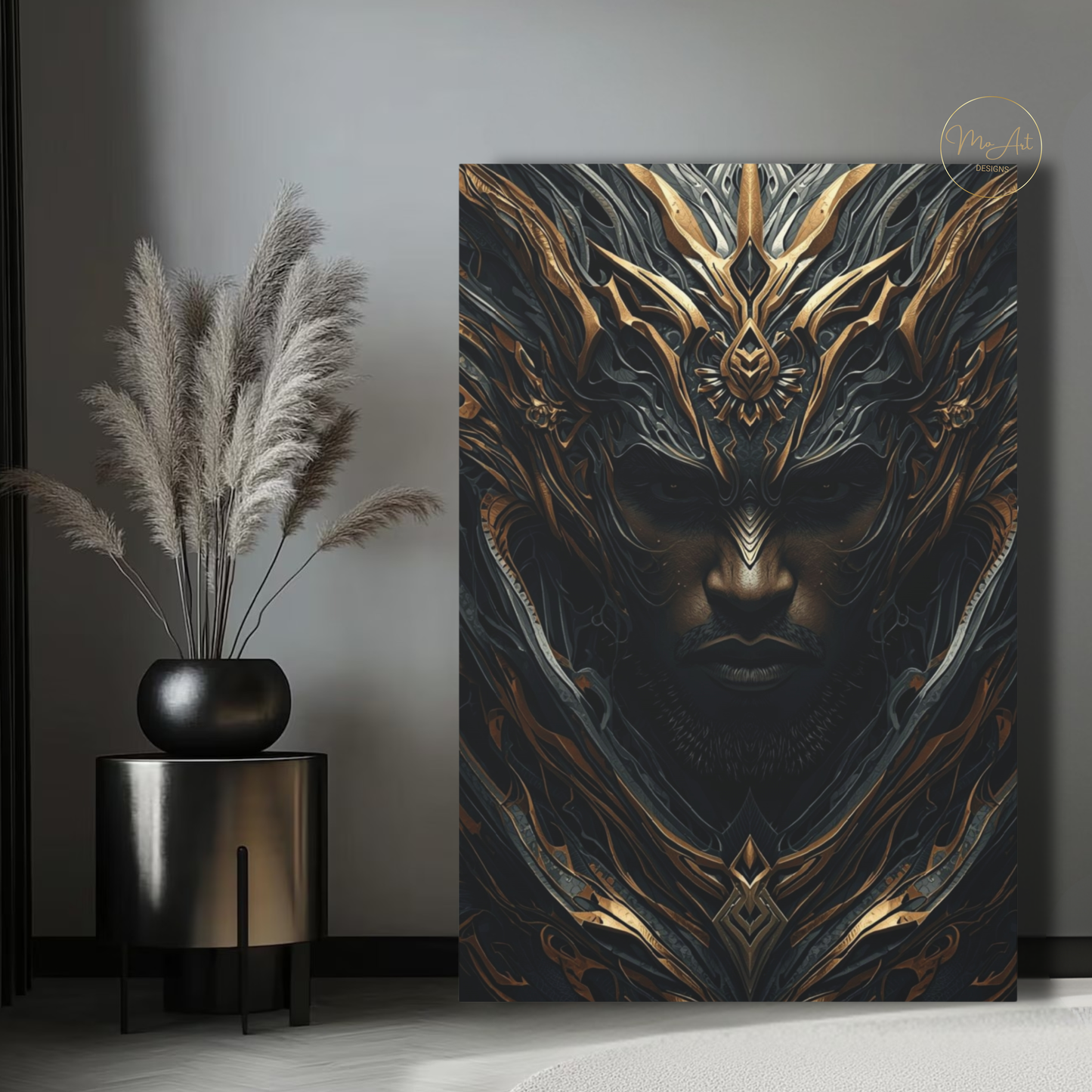 Black Warrior Abstract Art – Divine Sentinel | Black & Gold Afrocentric Wall Art / Canvas Print