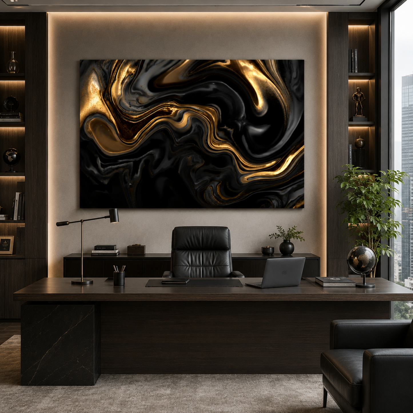 Black & Gold Abstract Wall Art Canvas – Luxury Liquid Marble Modern Art Print | Elegant Black Gold Home Decor