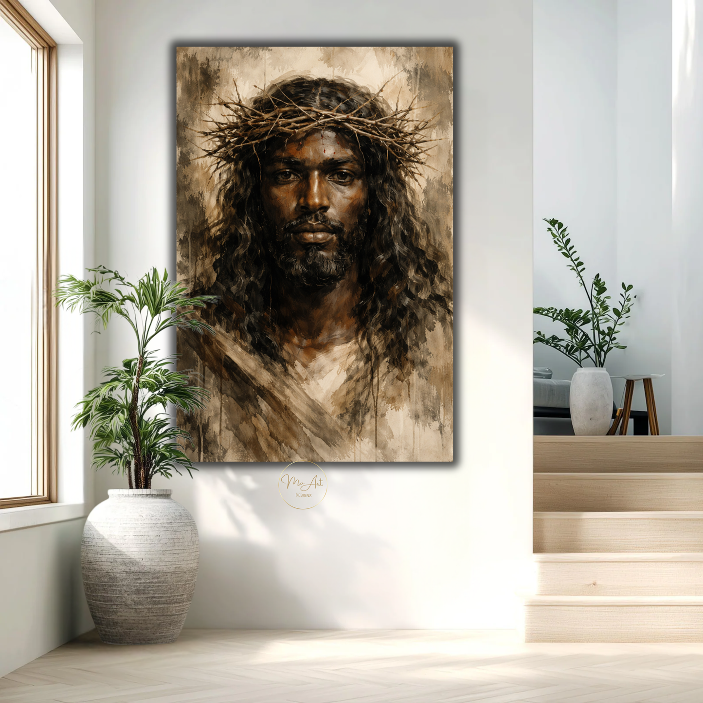 Black Jesus Wall Art – Neutral Abstract Christ Portrait with Crown of Thorns Canvas Print