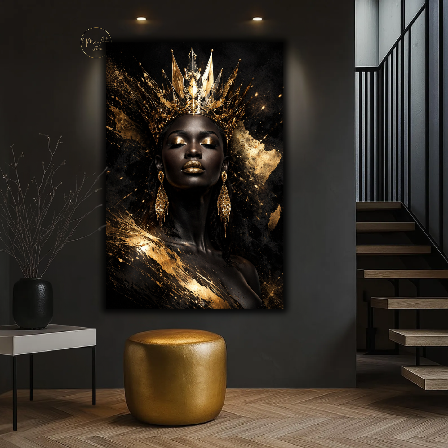 African Queen Black Woman Wall Art – Gold Crown Afrocentric Canvas Print
