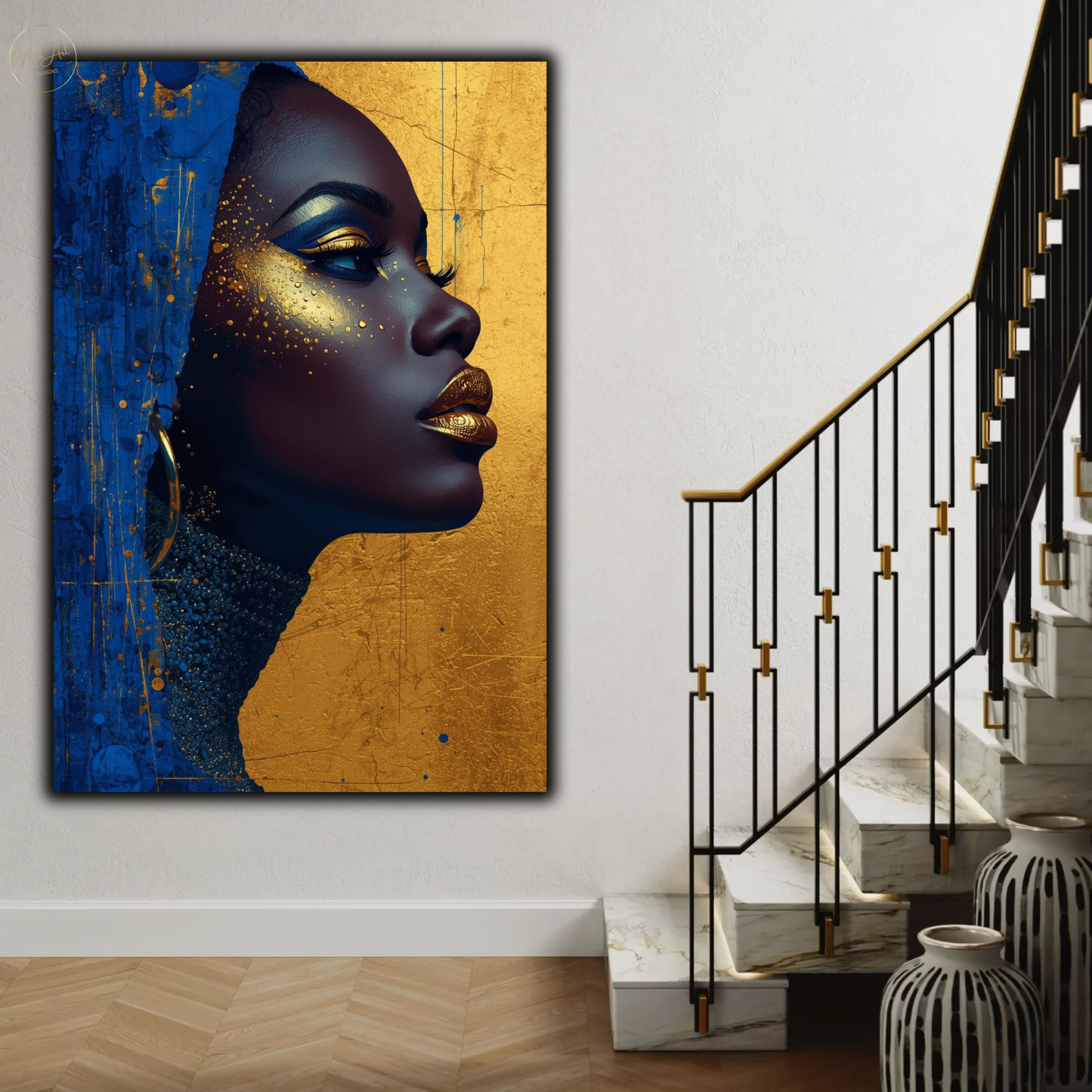 Black Woman Wall Art – Royal Blue & Gold Abstract Afrocentric Beauty Canvas Print