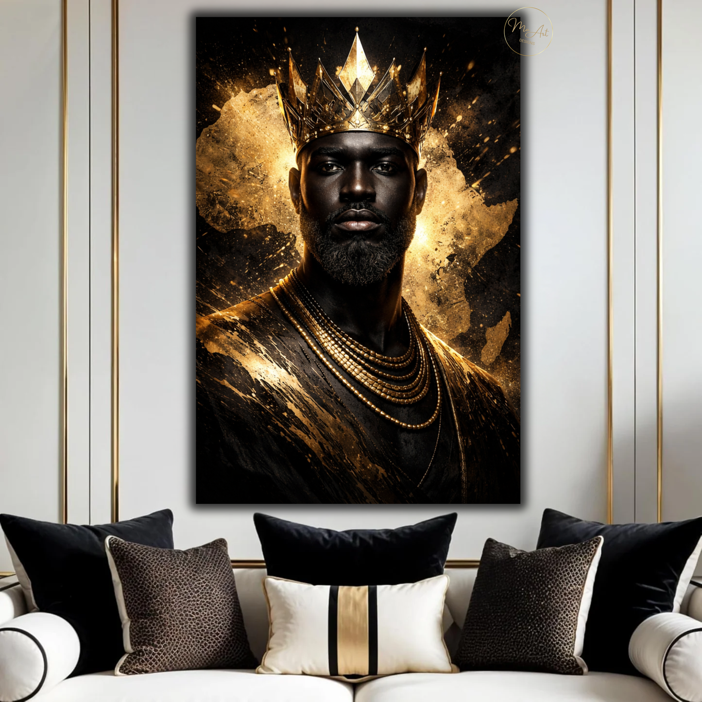 Black King Wall Art – African Royalty Gold Crown Canvas Print for Modern Luxury Decor
