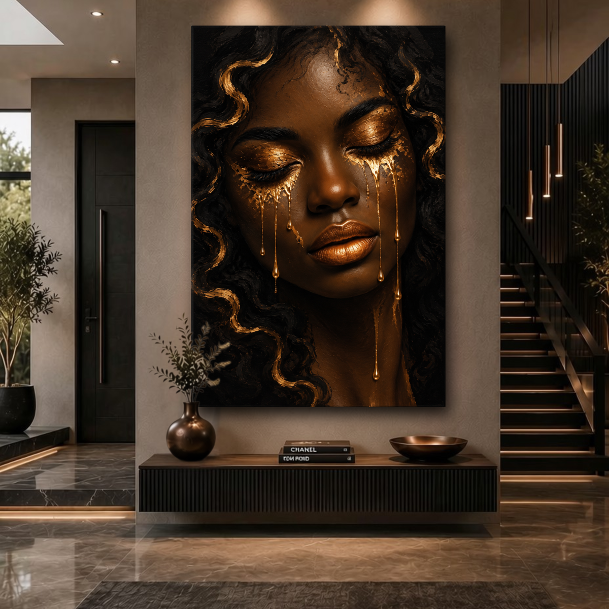Black Woman Wall Art - Golden Tears Black & Gold Canvas Print | Afrocentric Home Decor