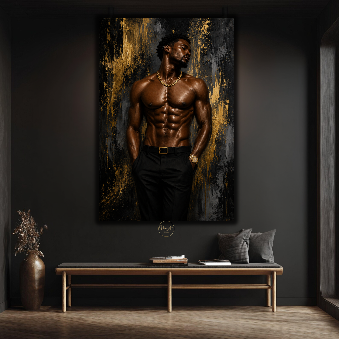 Black Man Wall Art – Sensual Black & Gold Abstract Canvas Print | Modern Masculine Decor