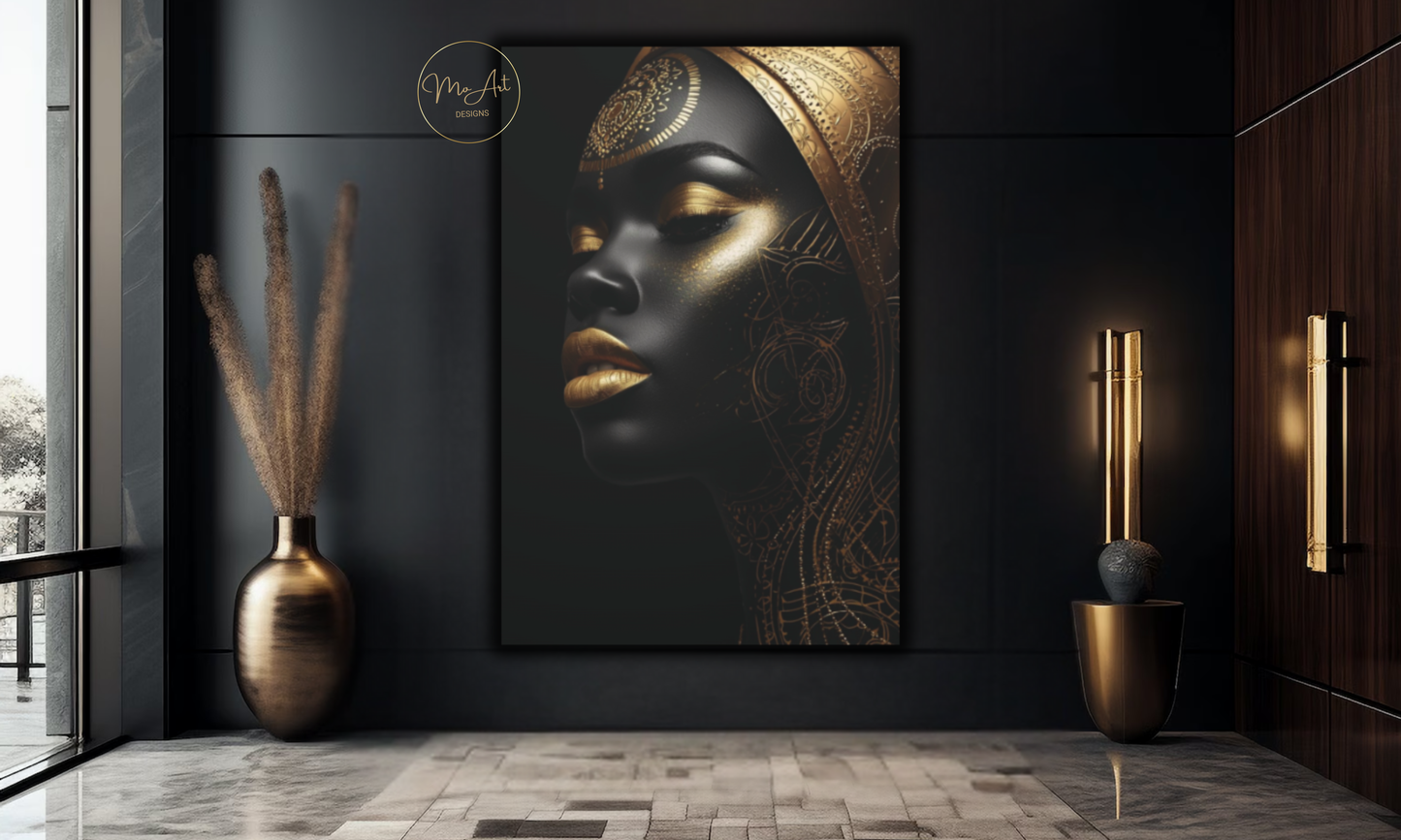 Black & Gold Woman Wall Art – Ebony Elegance / Canvas Print