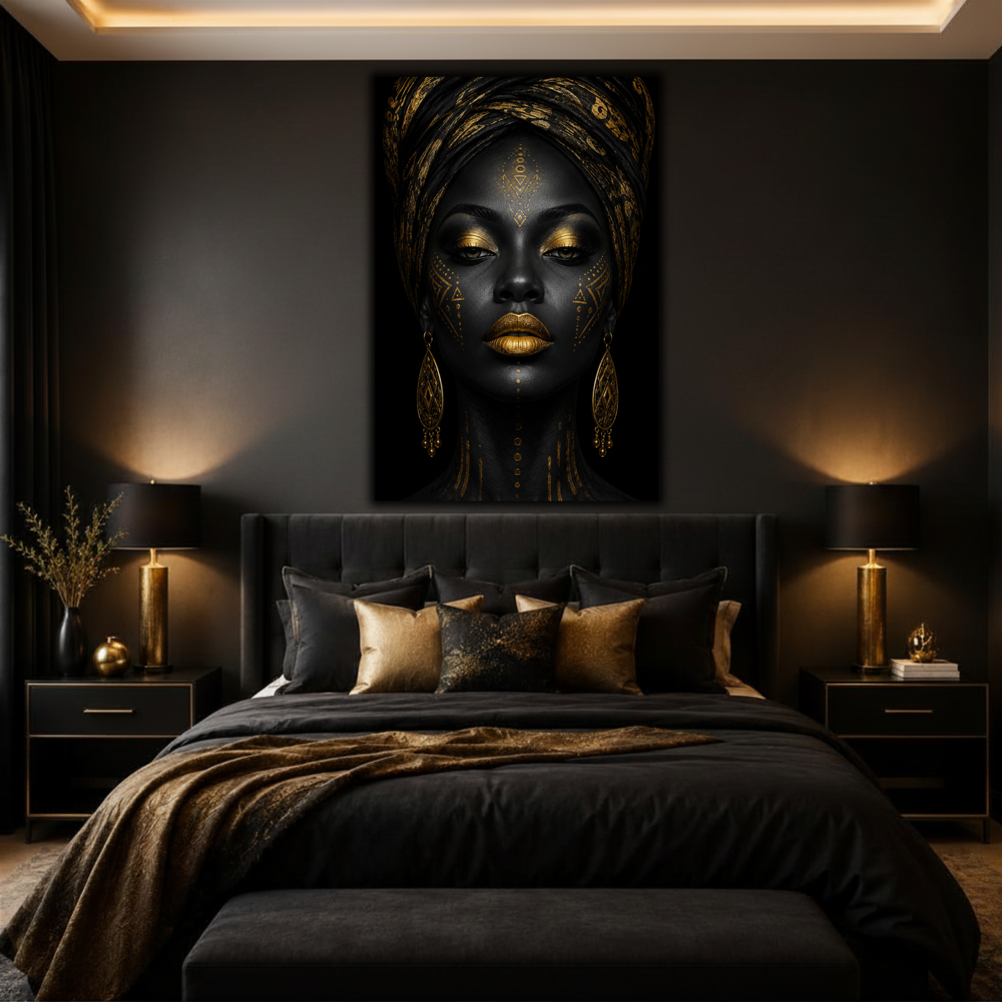 Black Woman Wall Art – Abstract Afrocentric Canvas Print | Black & Gold Wall Decor