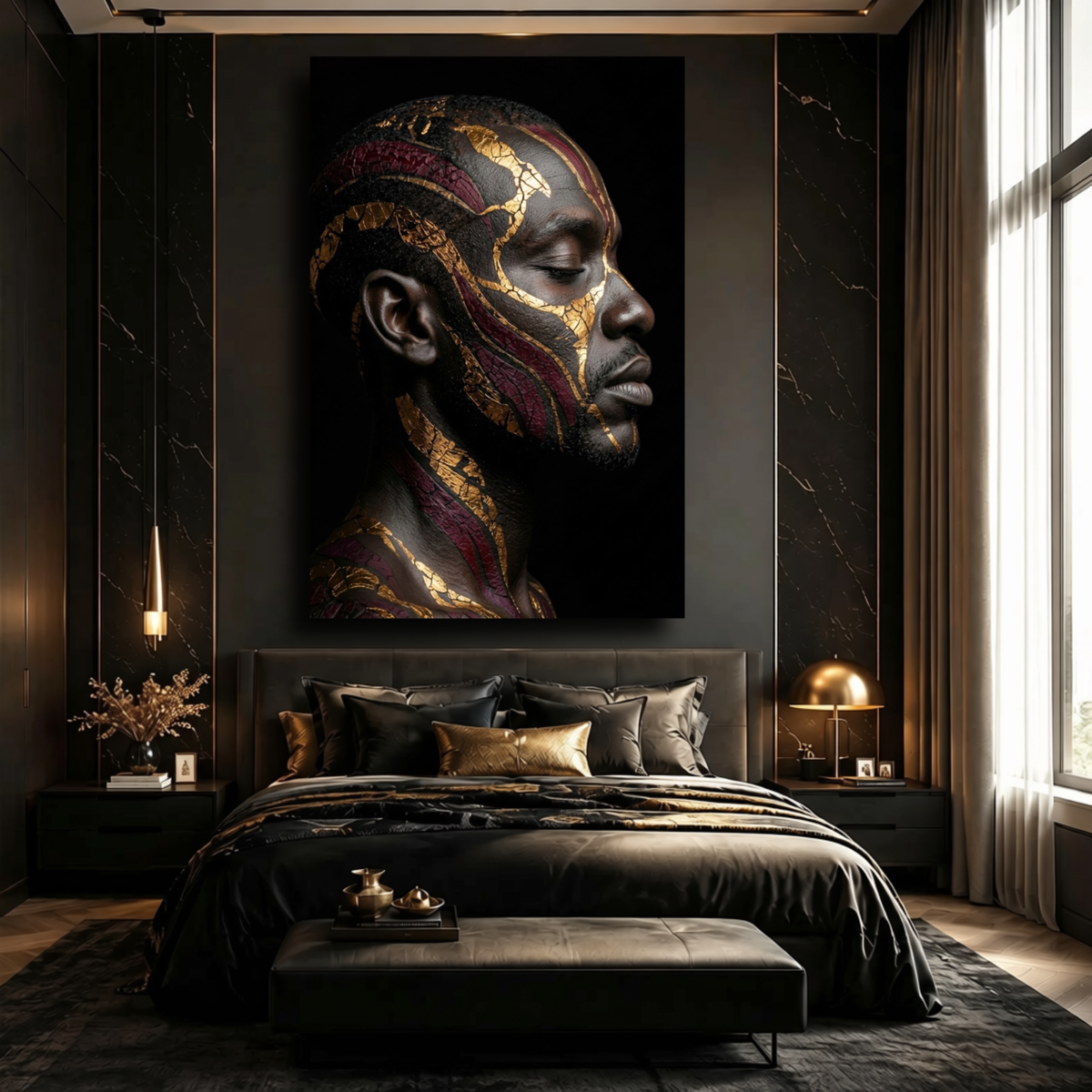 Black Man Wall Art – Serenity | Afrocentric Black, Gold & Burgundy Portrait Canvas Print