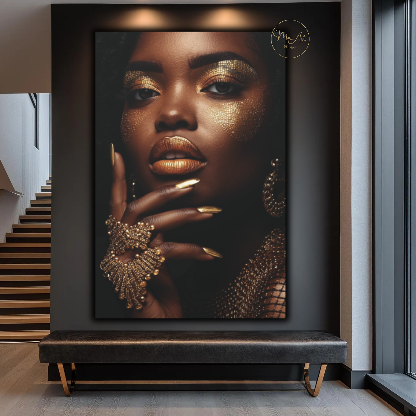 Black Woman Wall Art – Divine Glamour in Gold | Luxury Black & Gold Canvas Print