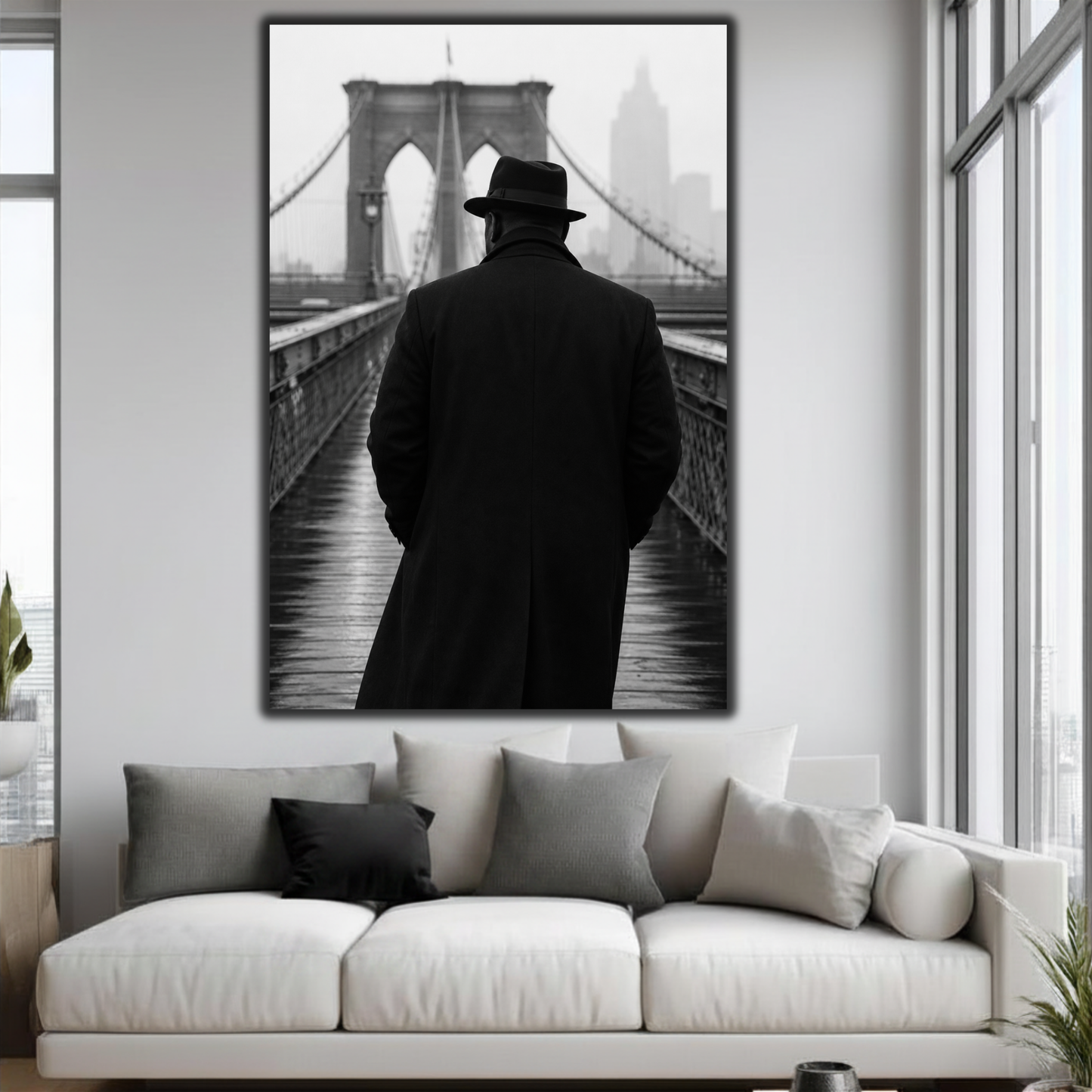 African American Man NYC Wall Art | Brooklyn Bridge Black & White Canvas Print