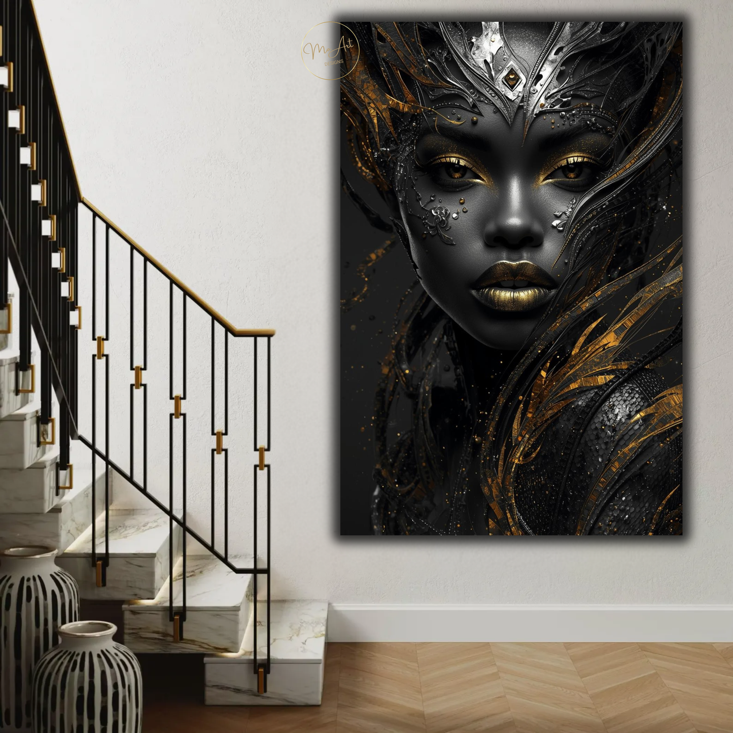 Black Woman Wall Art – Exotic Beauty / Black & Gold Afrocentric Canvas Print