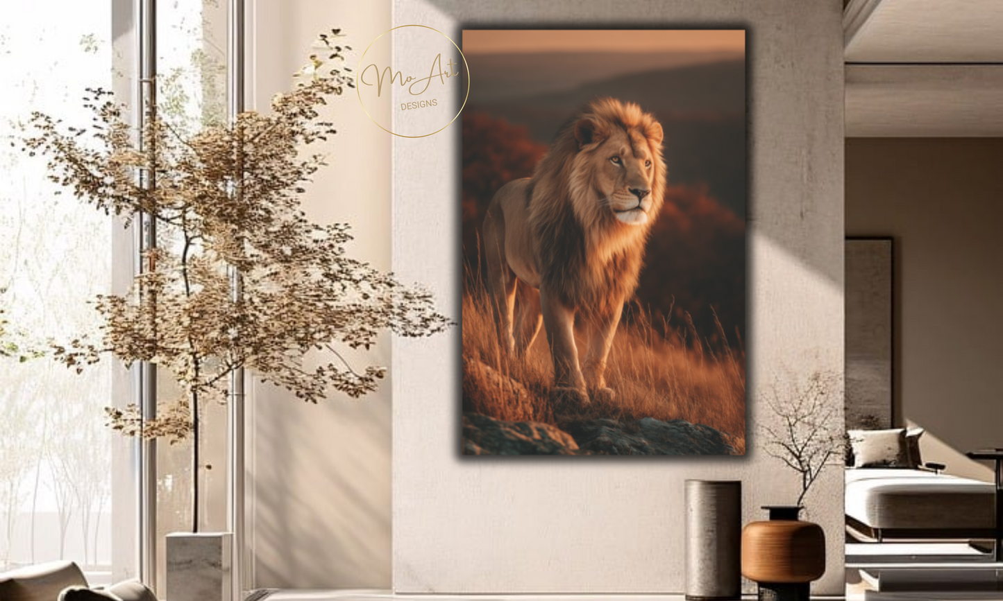 Majestic Lion Canvas Wall Art – Regal Wildlife Print at Sunset
