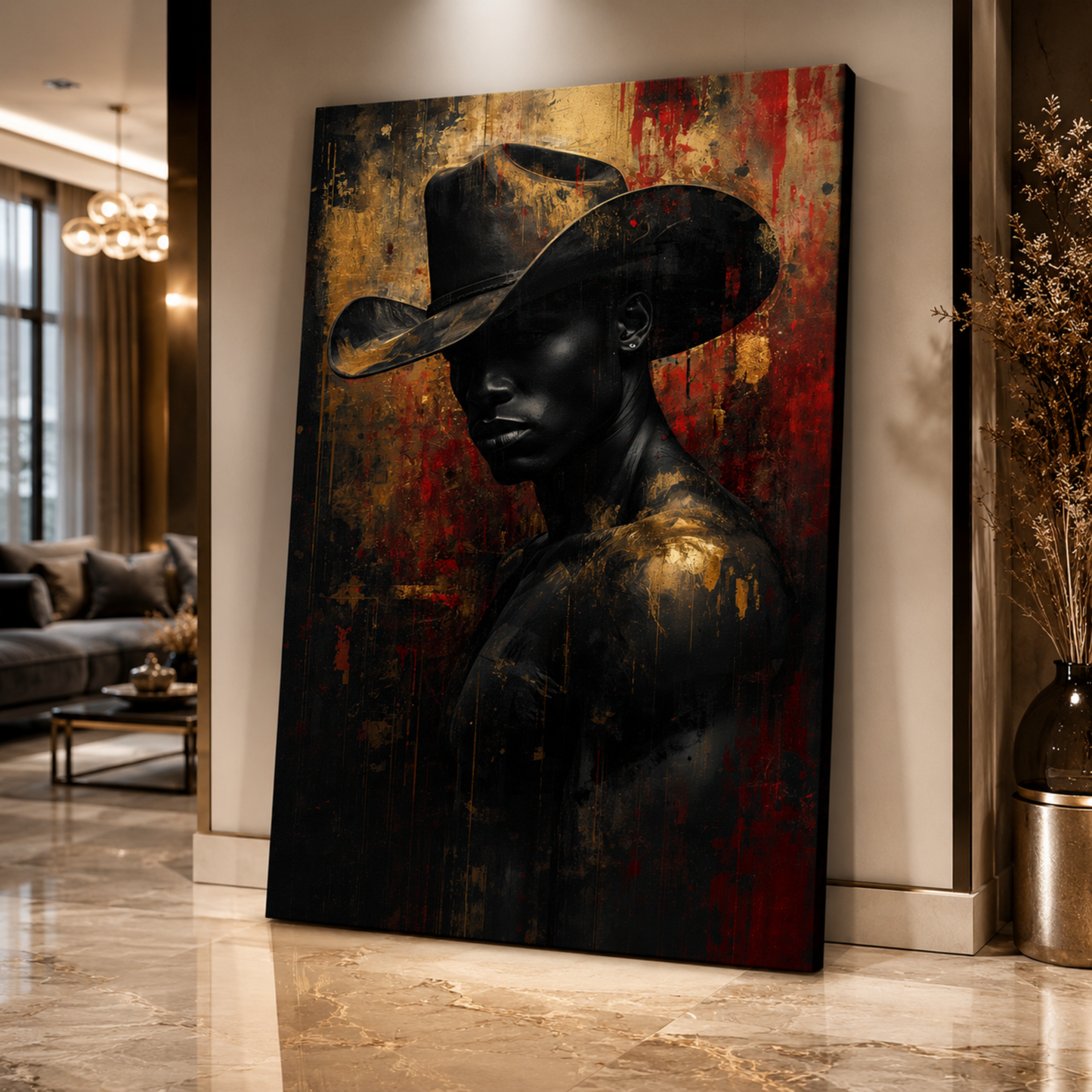 Black Man Wall Art – African American Cowboy Canvas Print | Abstract Black, Gold & Red Wall Art