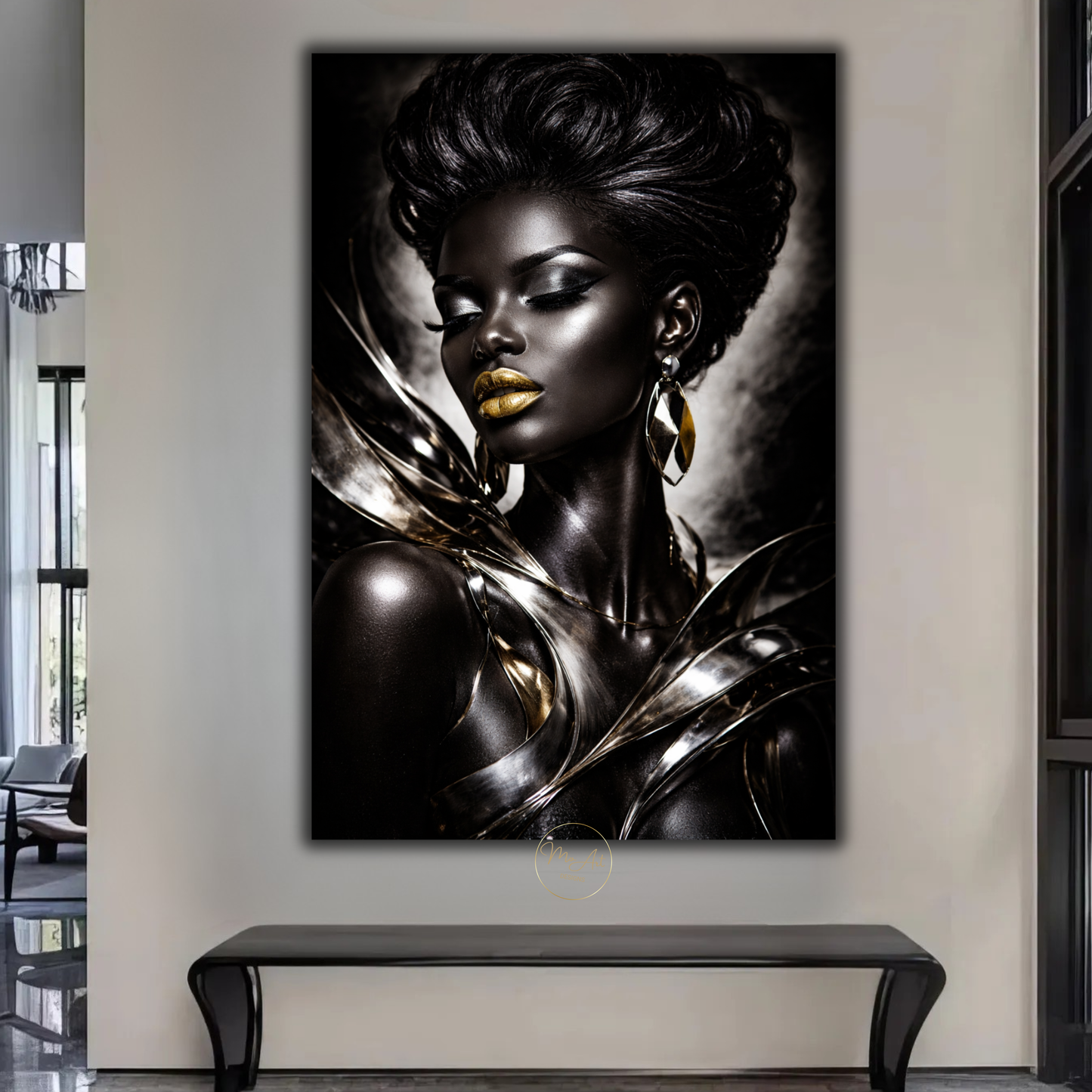 Black Woman Wall Art – Elegant Afrocentric Black & Silver Abstract Canvas Print