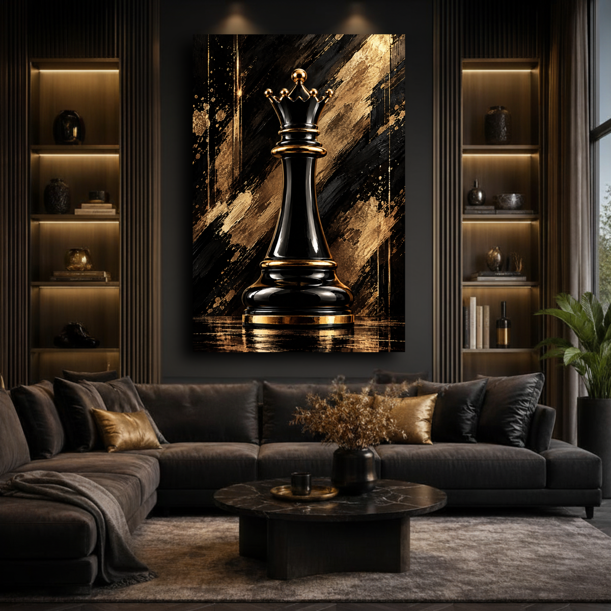 Black & Gold Queen Chess Piece Wall Art | Luxury Abstract Chess Canvas Print