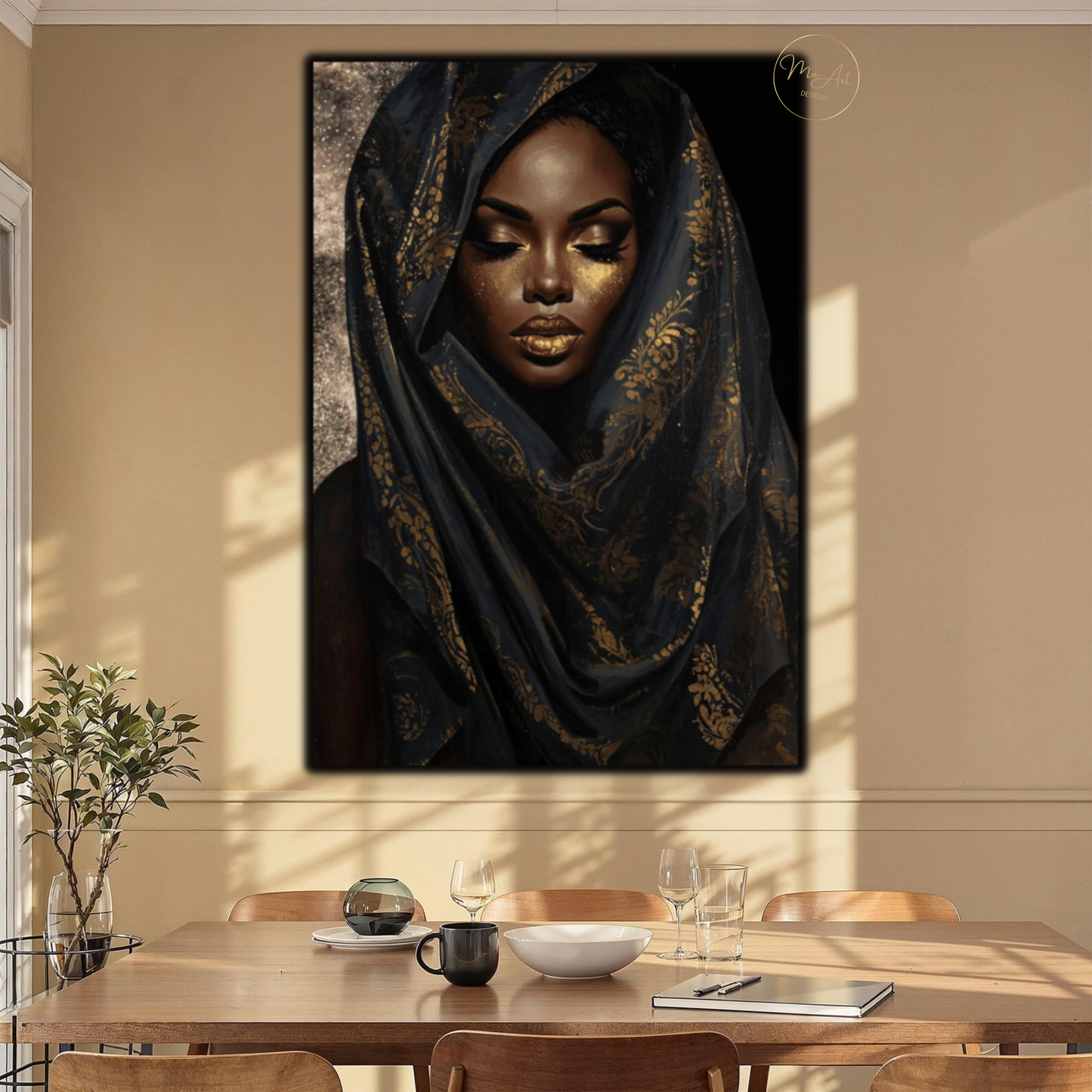 Black Woman Wall Art – Golden Veil Queen | Black & Gold Afrocentric Canvas Print