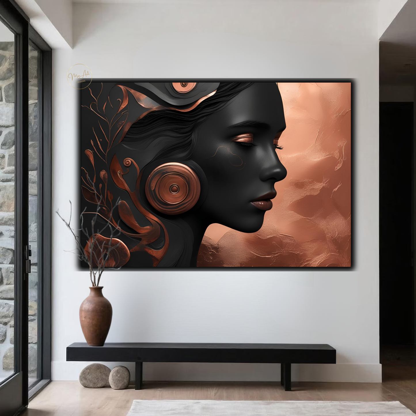 Black Woman Wall Art – Luxury Black & Copper Abstract Afrocentric Canvas Print