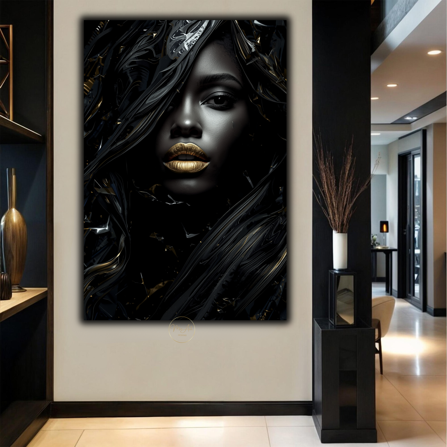 Black Woman Wall Art – Afrocentric Fashion Diva | Luxury Black & Gold Abstract Canvas Print