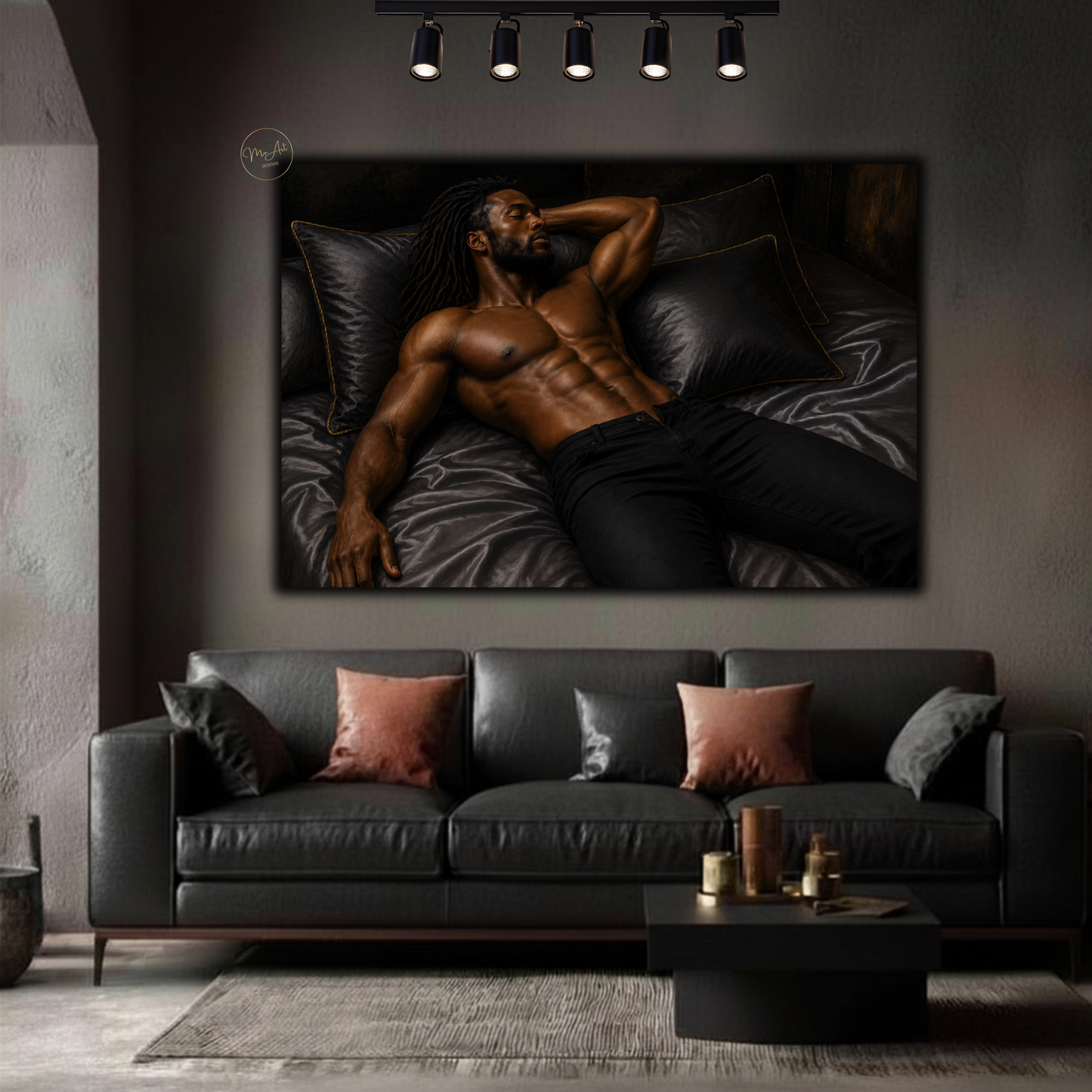 Black Man Wall Art – Sensual Black & Gold Masculine Canvas Print | Modern Luxury Bedroom Decor