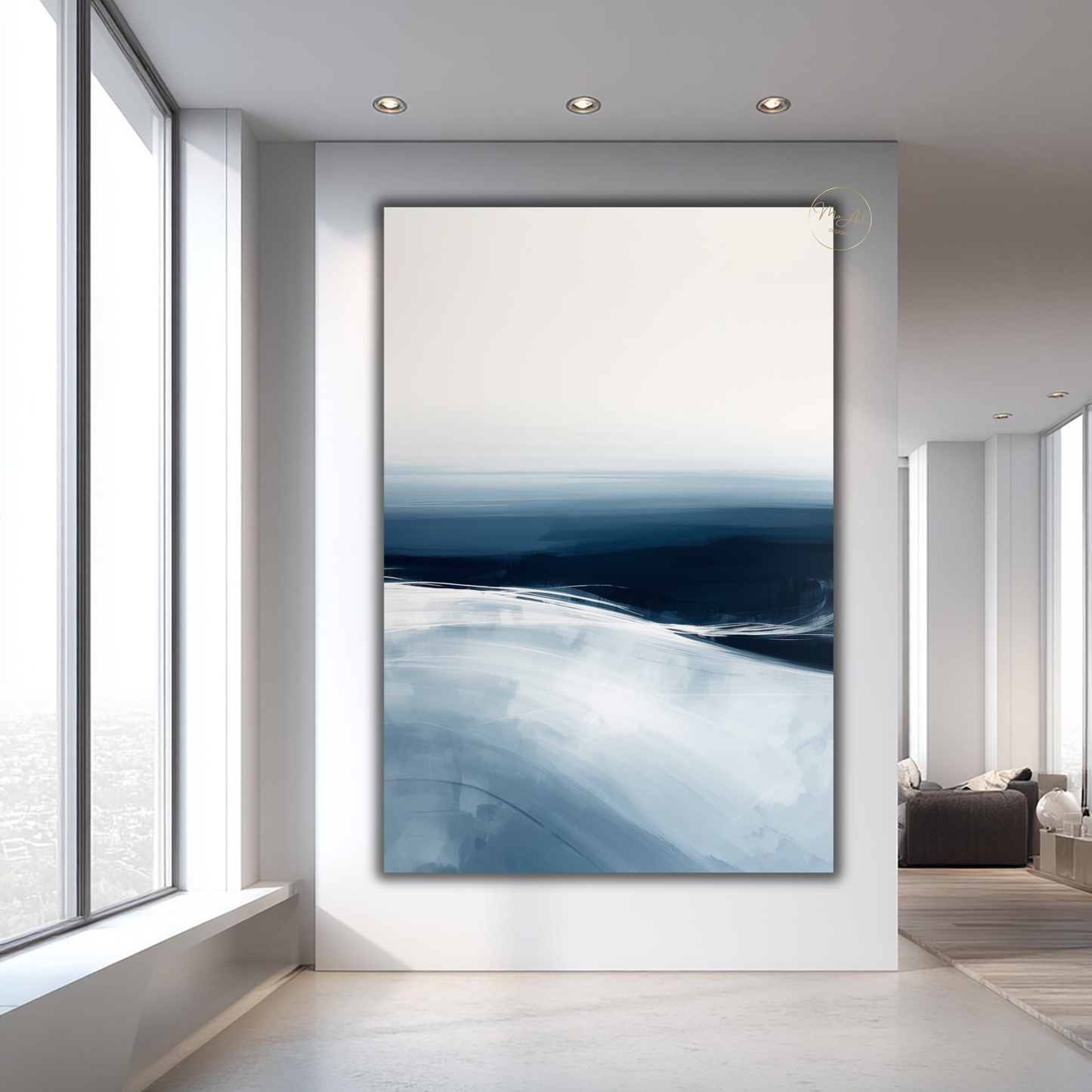 Blue Ocean Abstract Wall Art – Minimalist Coastal Canvas Print in Navy & White
