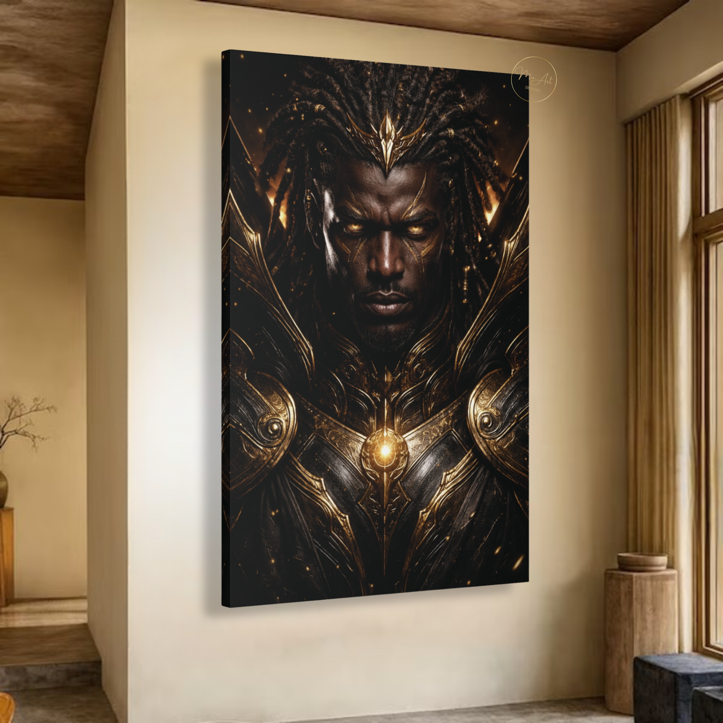 Black Warrior Wall Art – Powerful Afrocentric King in Black & Gold Armor Canvas Print