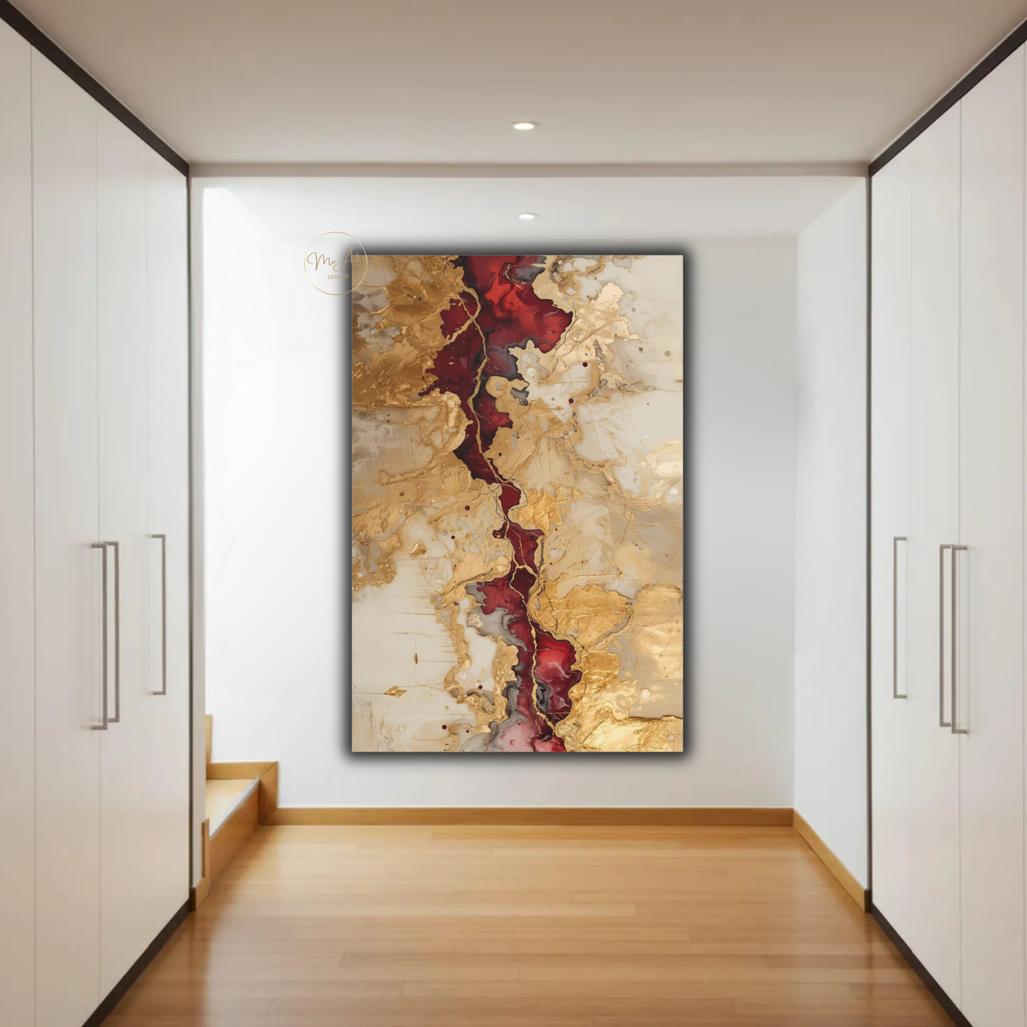 Crimson Rift – Abstract Gold Burgundy & Cream Wall Art - Vertical Canvas Print