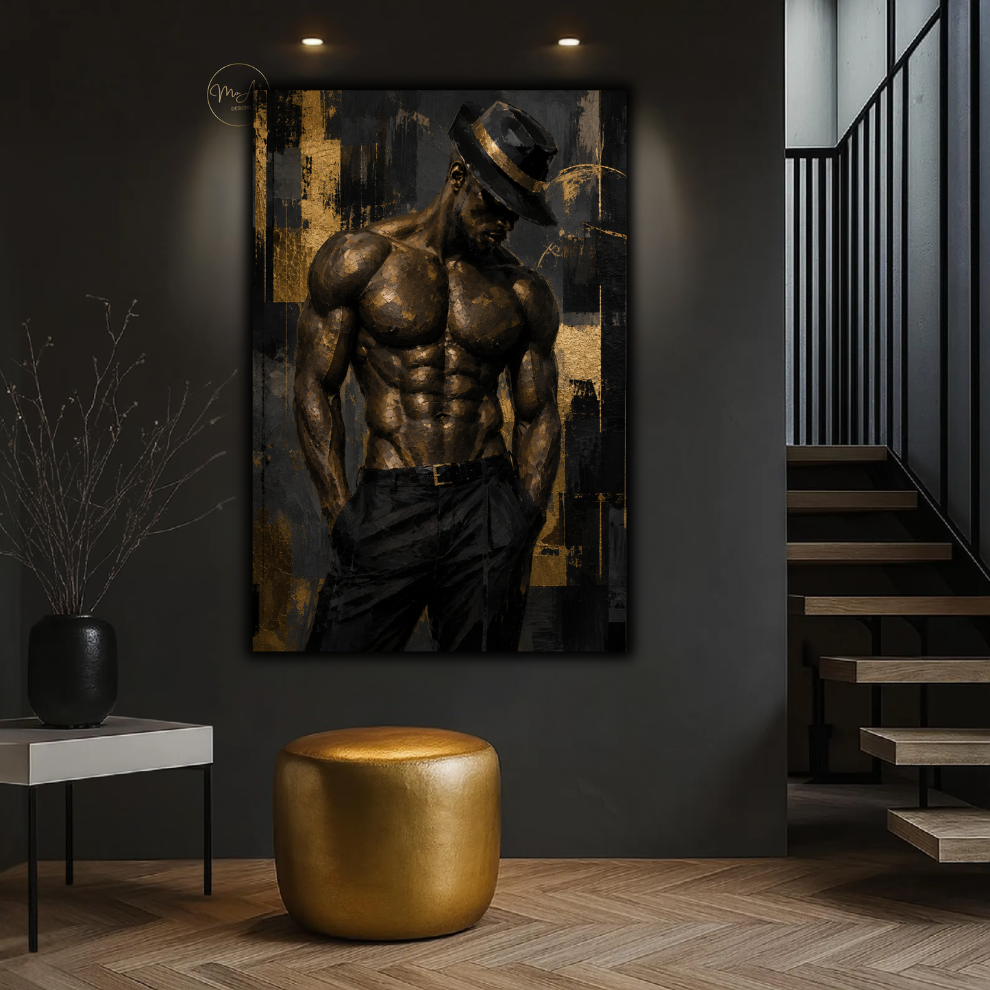 Black Man Wall Art – Sensual Afrocentric Gold & Black Abstract Masculine Canvas Print