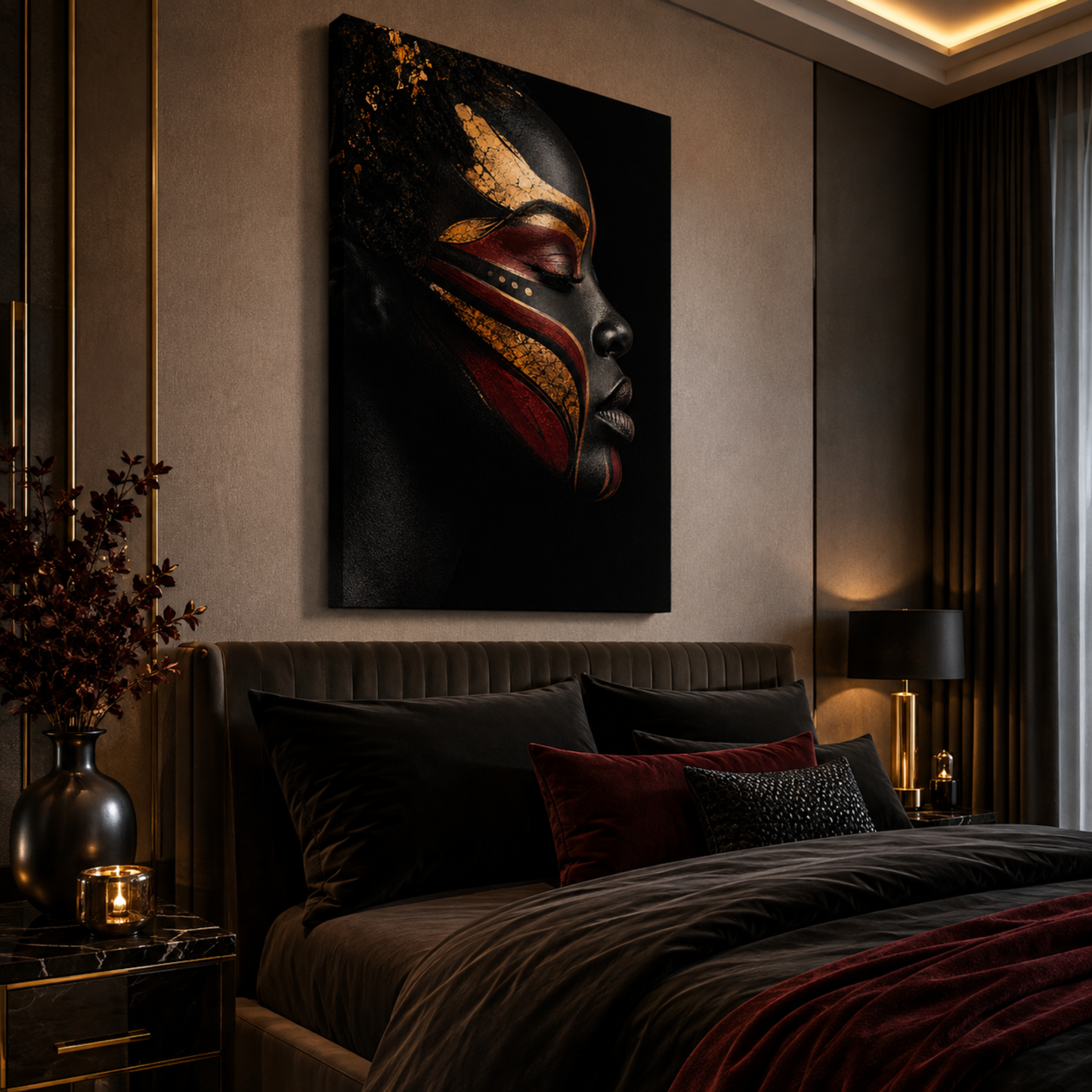 Black Woman Wall Art – Abstract Black, Gold & Burgundy Canvas Print | Luxury Afrocentric Wall Decor